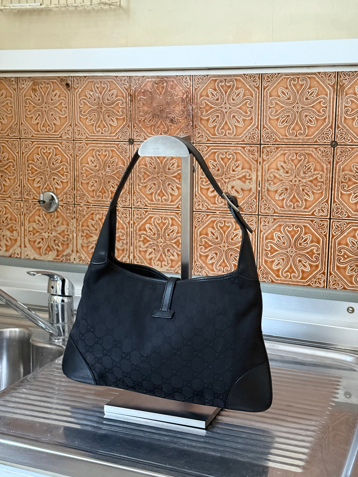 Vintage Gucci GG Canvas Monogram Black Jackie 1961 Hobo Bag