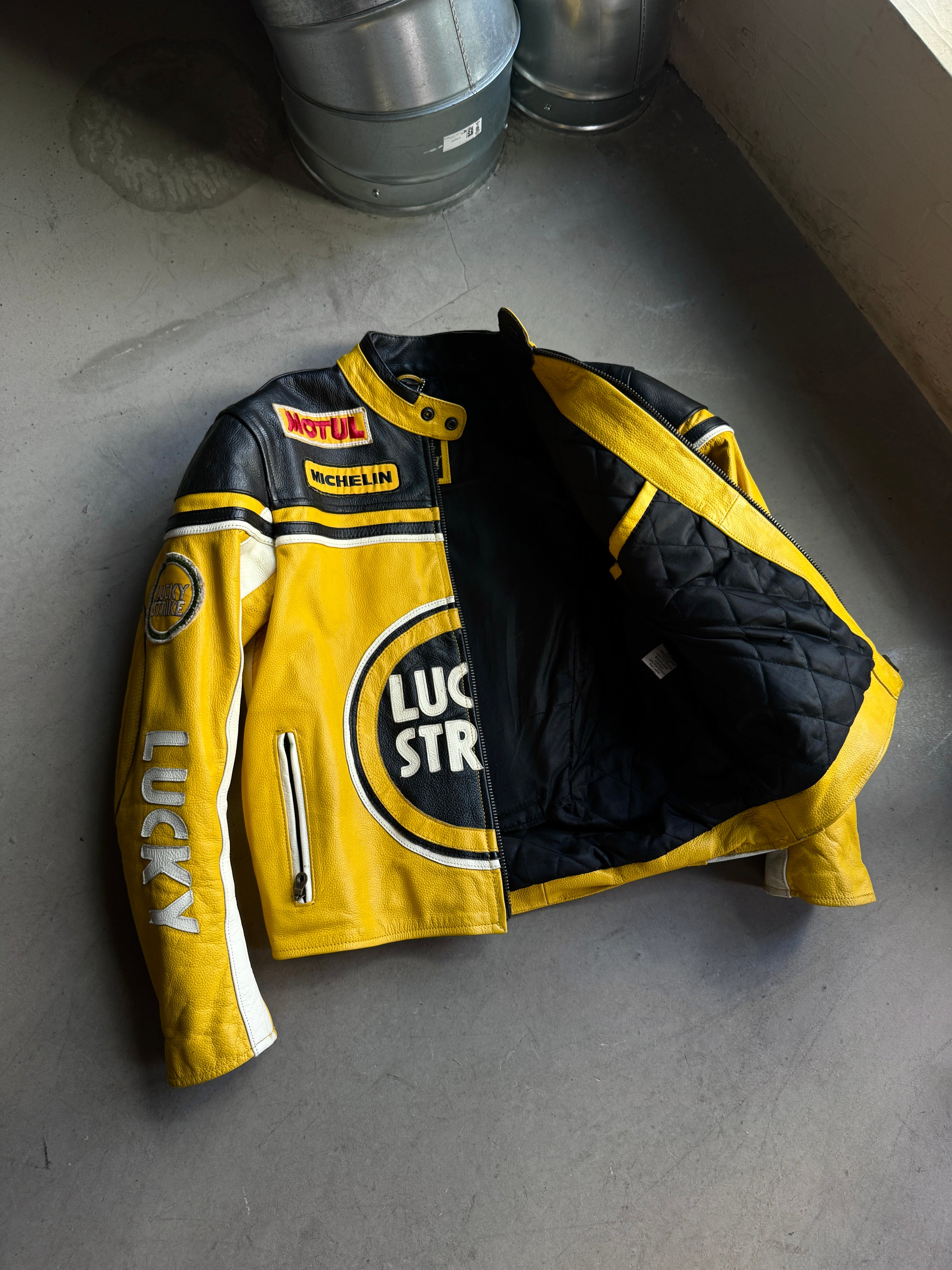 Vintage Lucky Strike Motorcycle Racing Leather Jacket Yellow - S