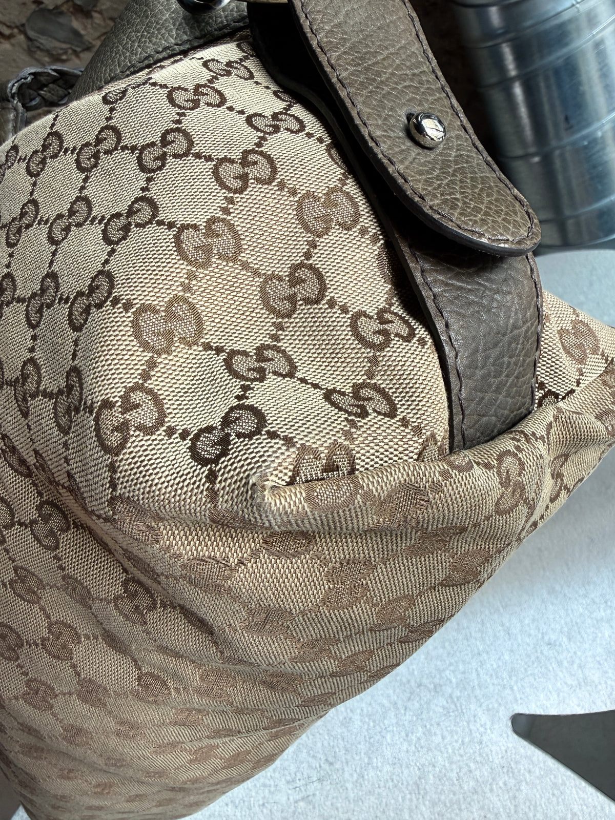 Vintage Gucci GG Bamboo Bar Large Shoulder Bag (Khaki Braided Strap)