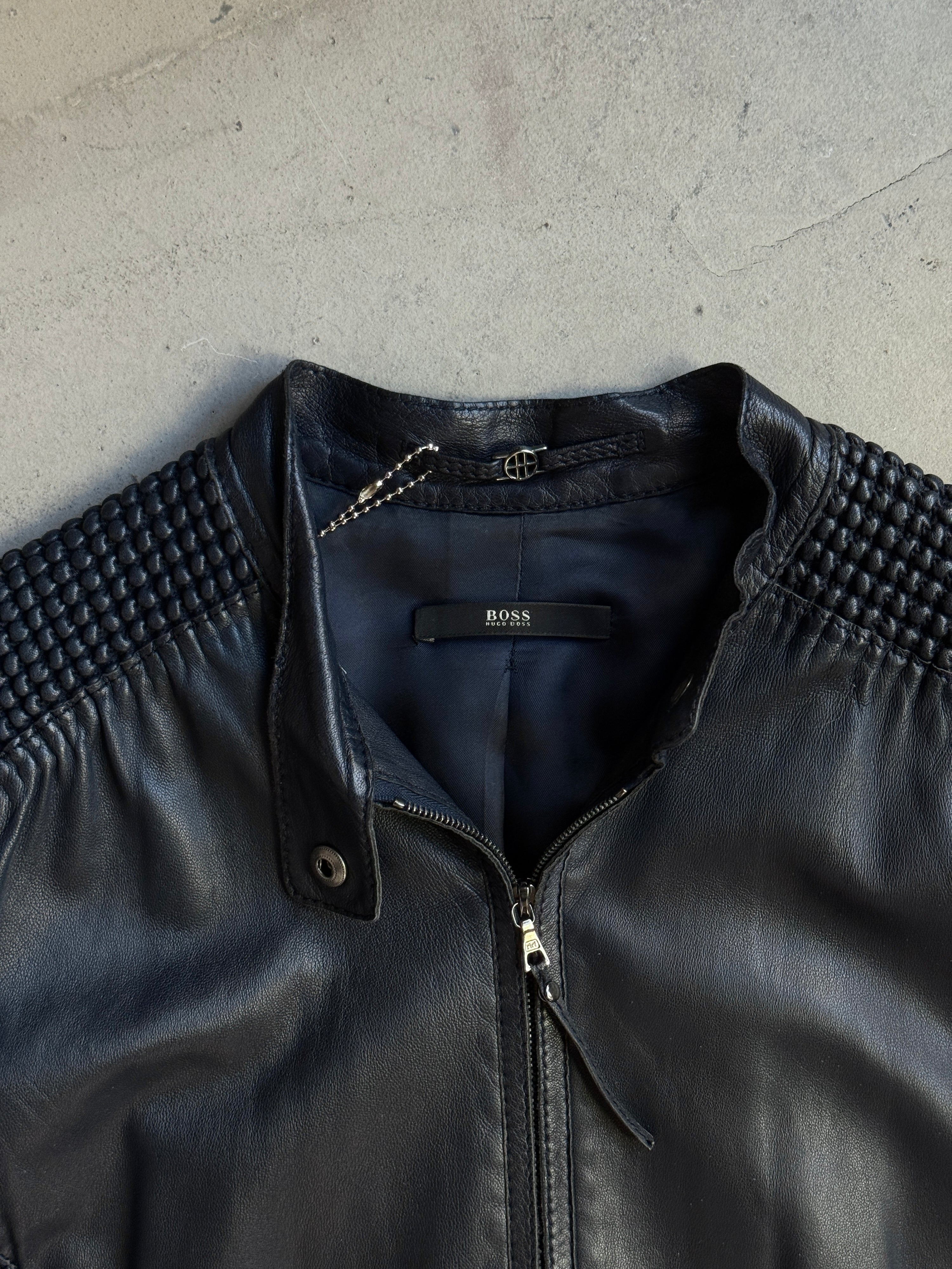 2000s Hugo Boss Nappa Bubble Leather Jacket Navy - S