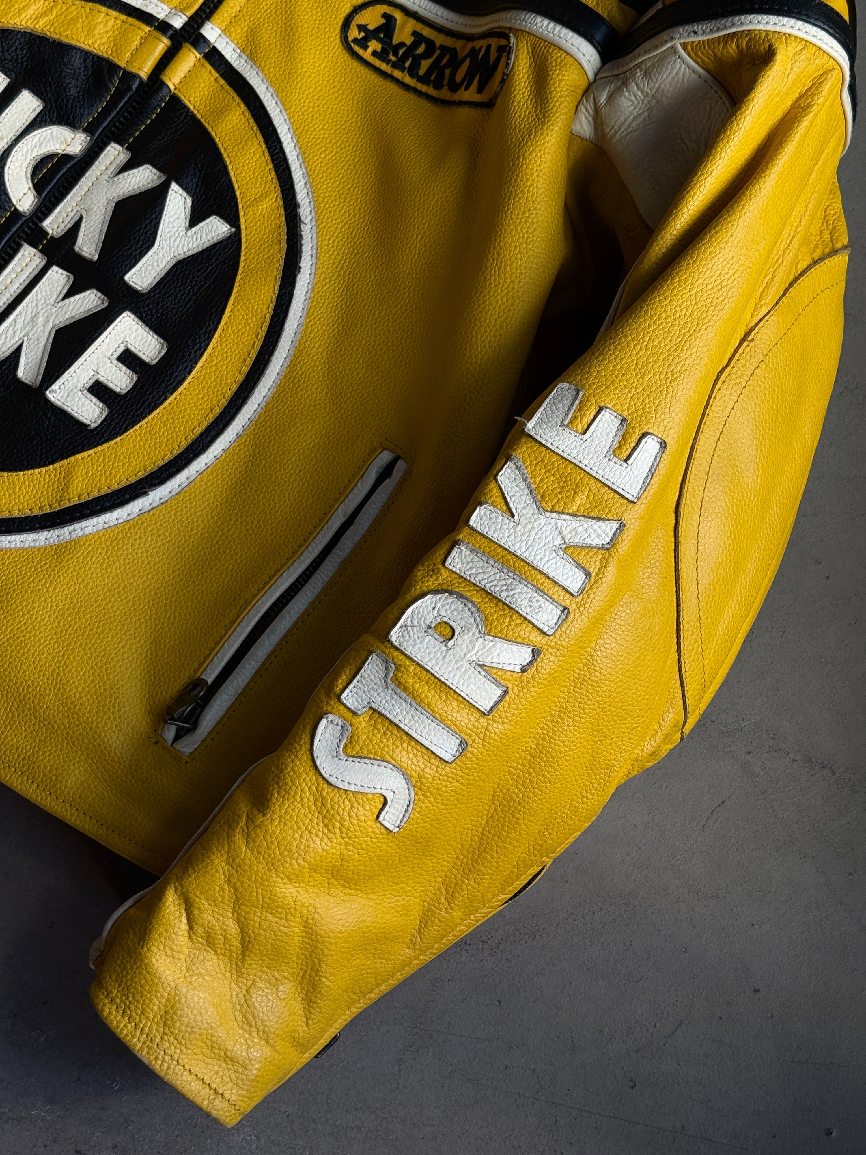 Vintage Lucky Strike Motorcycle Racing Leather Jacket Yellow - S