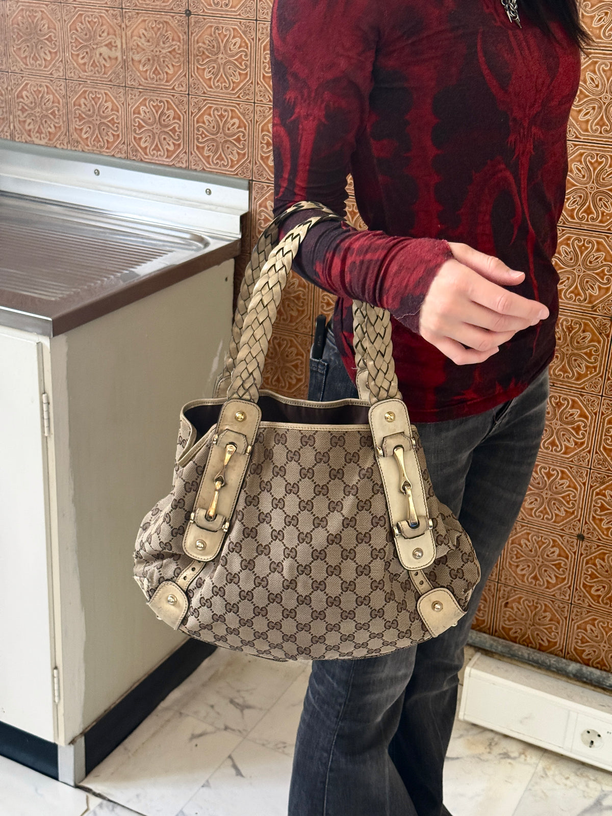 Gucci Beige GG Canvas Pelham Medium Horsebit Tote Bag