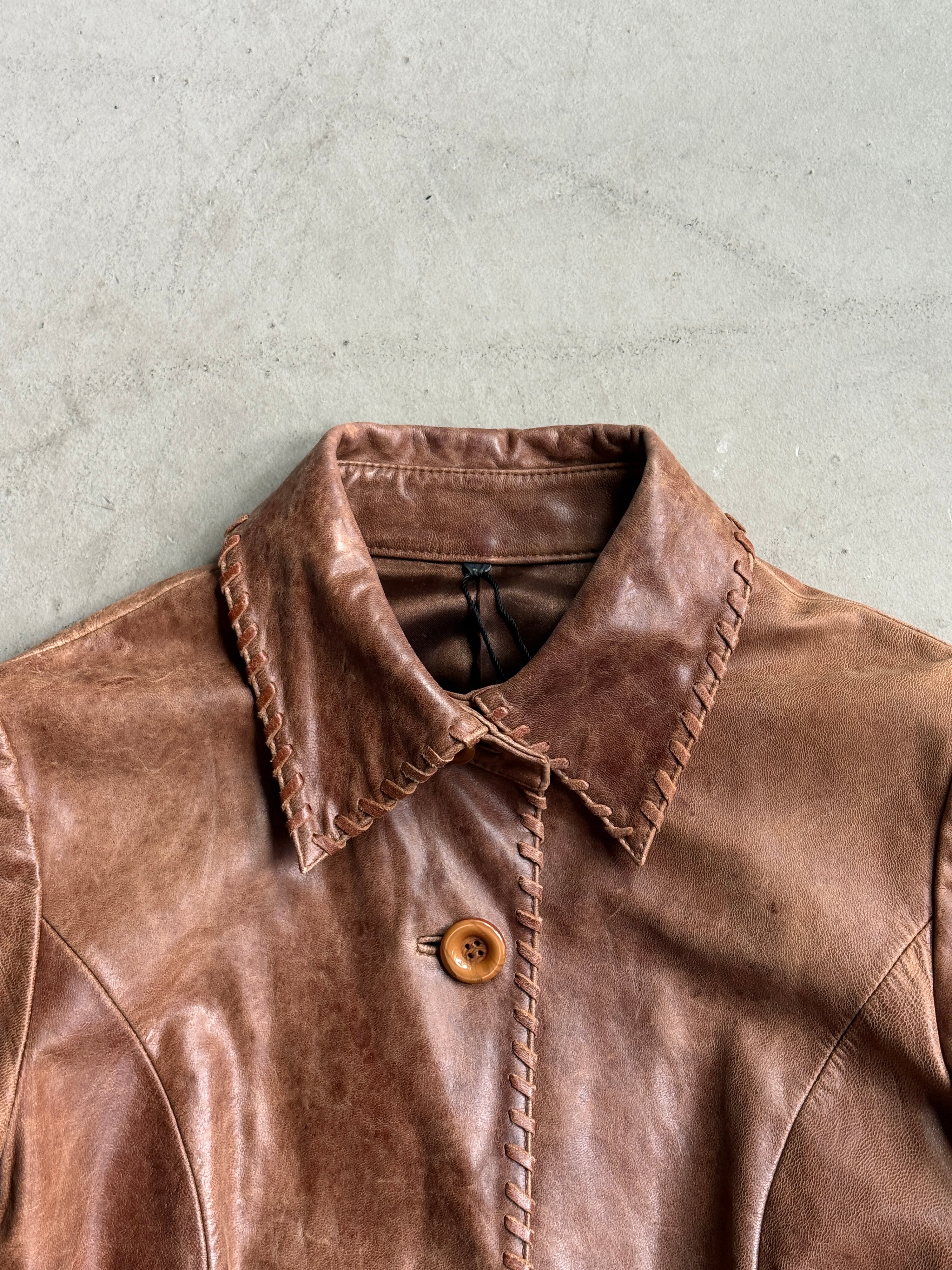 Vintage Brown Leather Jacket w/ oversized flap pockets - S