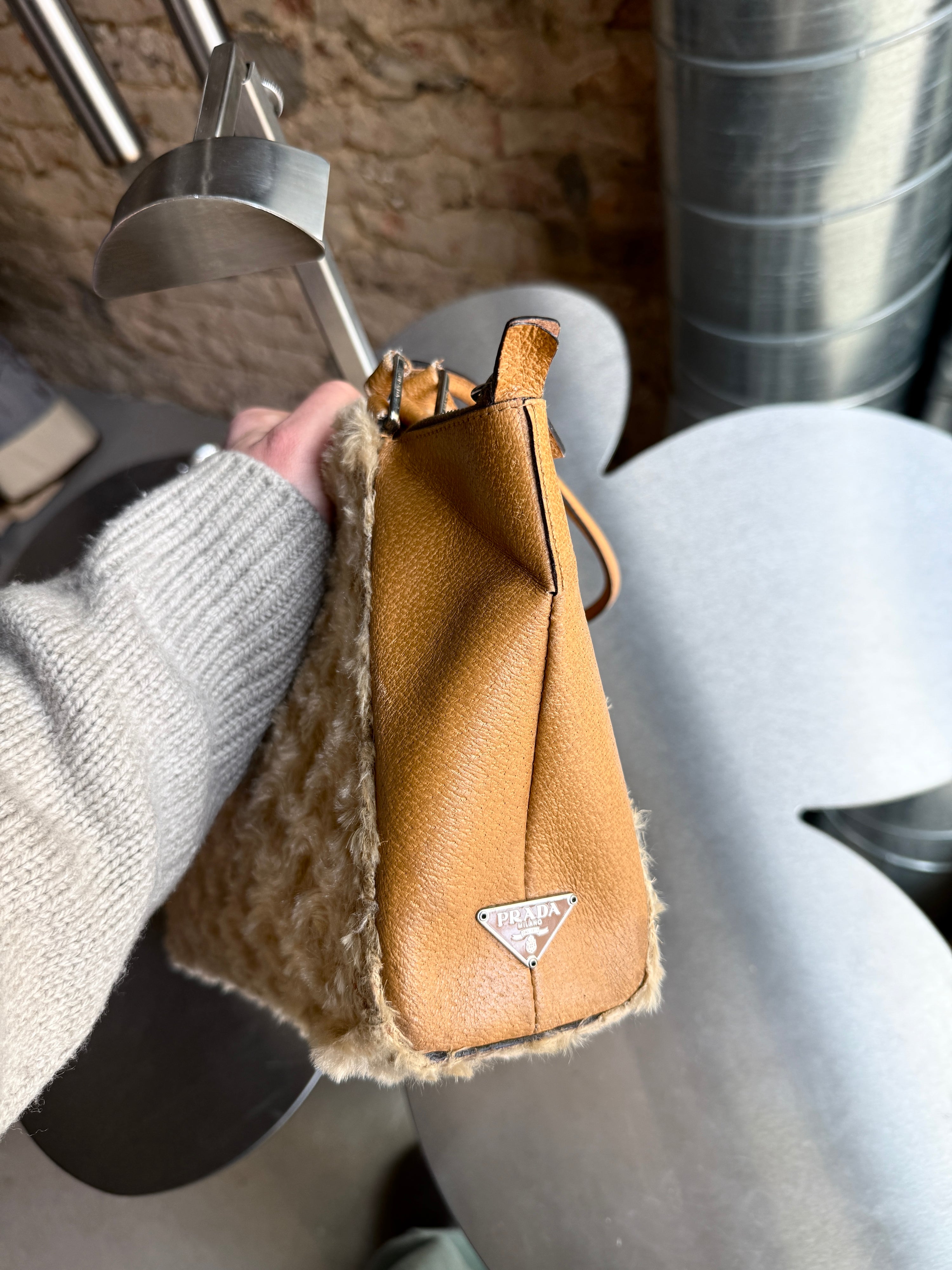 Vintage 2000s Prada Faux Fur Shearling Leather Shoulder Bag Beige