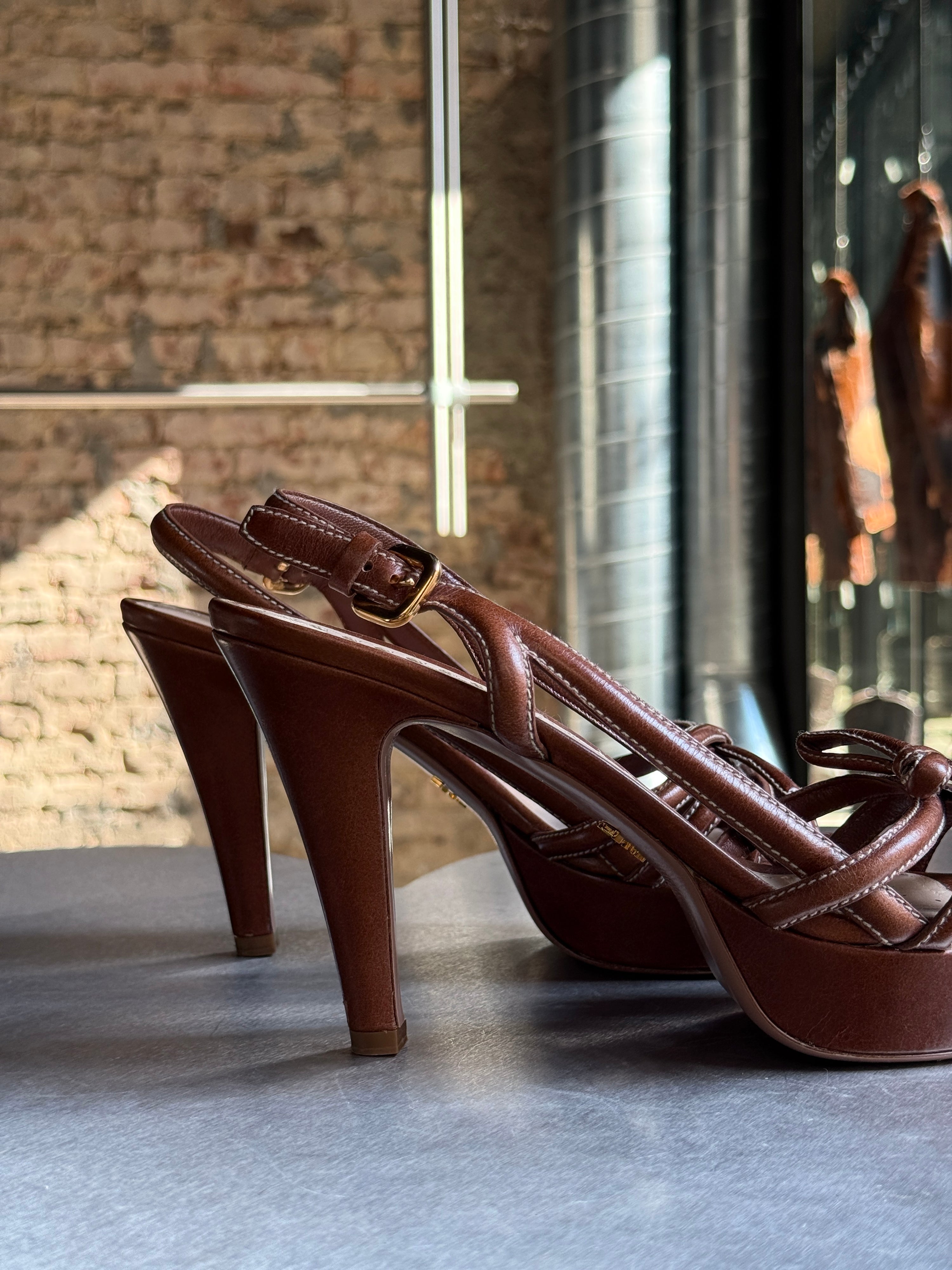 Prada Slingback Bow Leather Heels Brown (with box) - EU 40