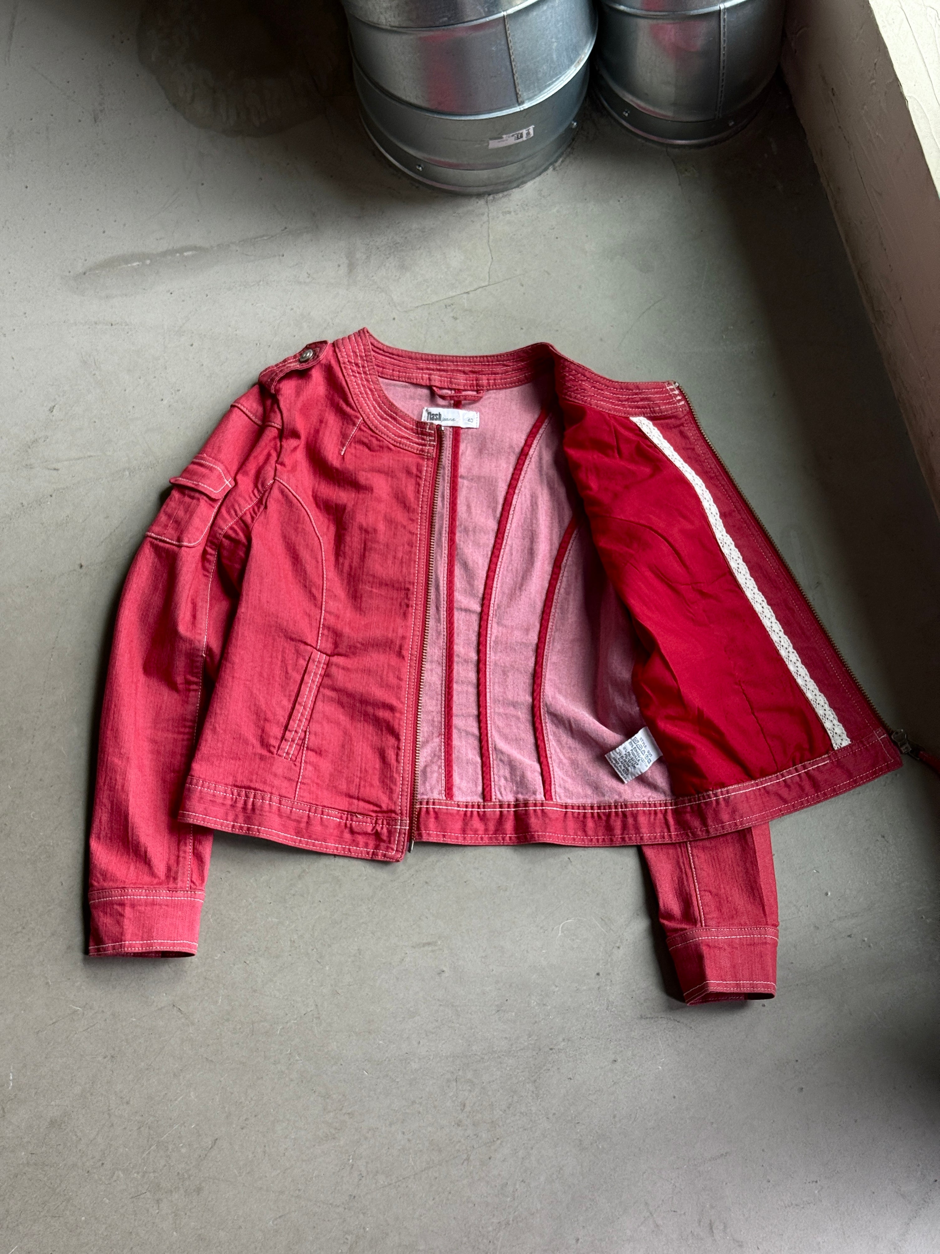 Vintage “Flash Woman” Cropped Zip Denim Jacket Red - S