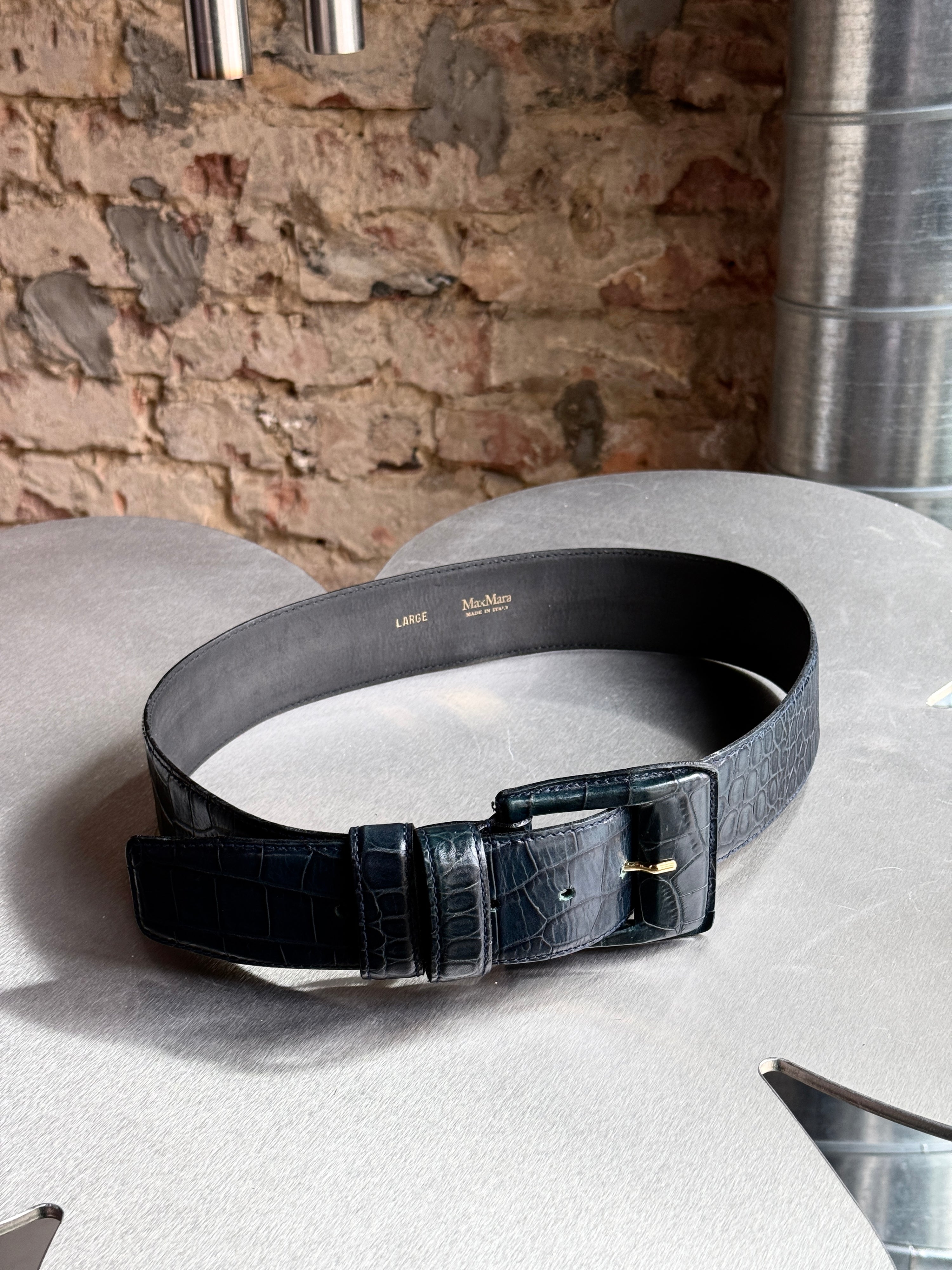 Vintage Max Mara Crocodile Pattern Leather Belt Petrol - L