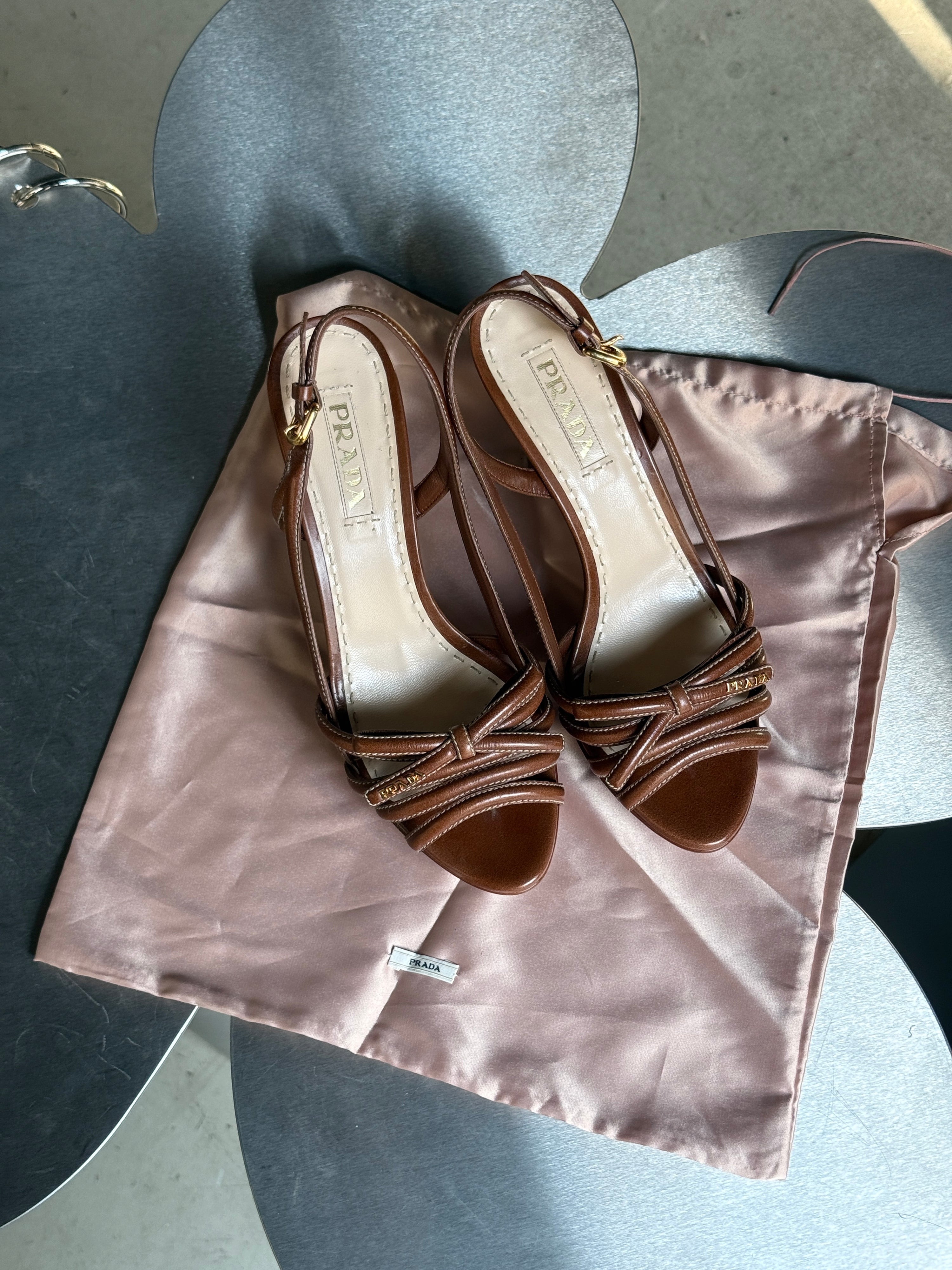 Prada Slingback Bow Leather Heels Brown (with box) - EU 40