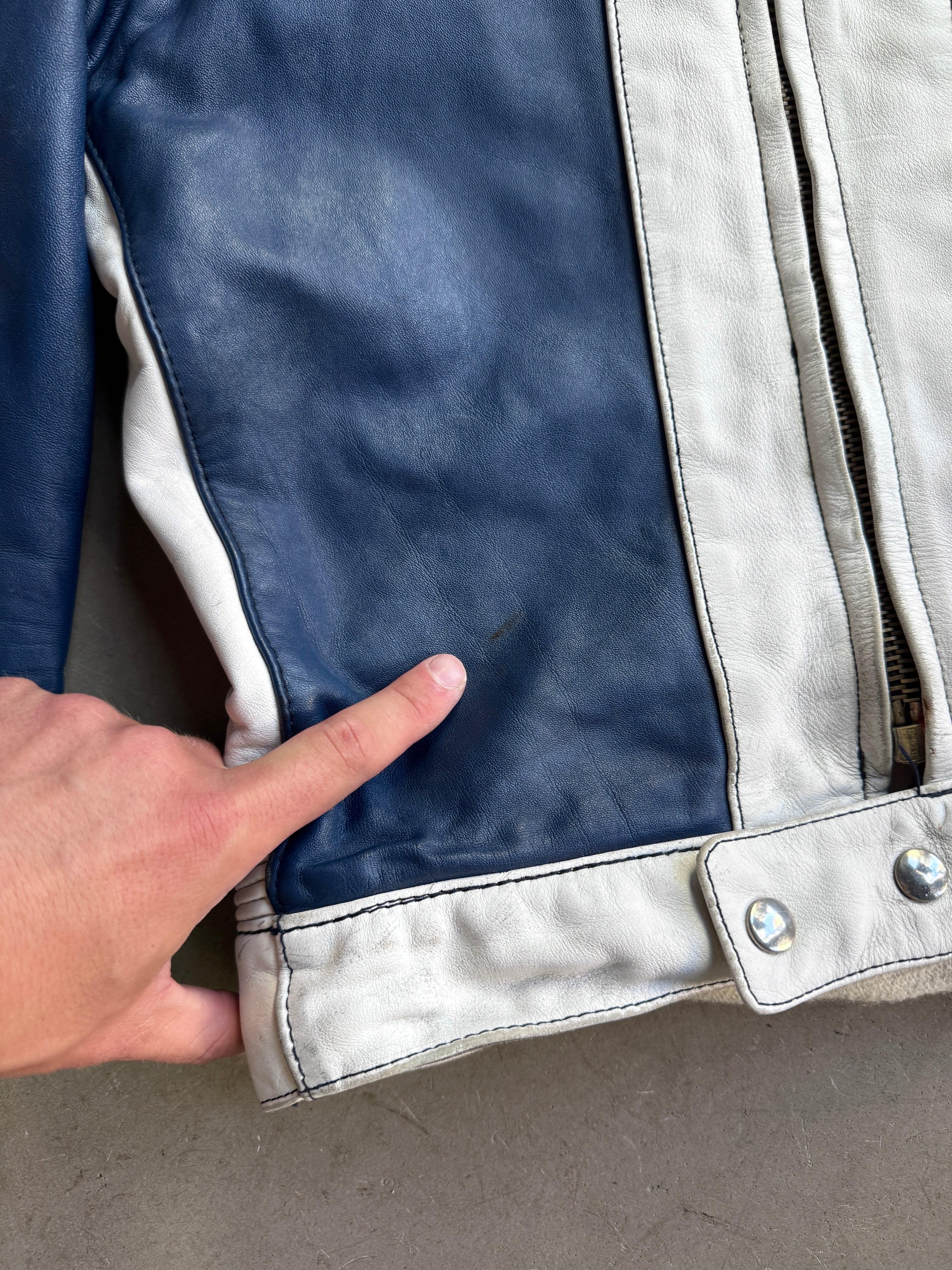 Vintage 1970s Harro Racing Biker Leather Jacket White / Navy - XS