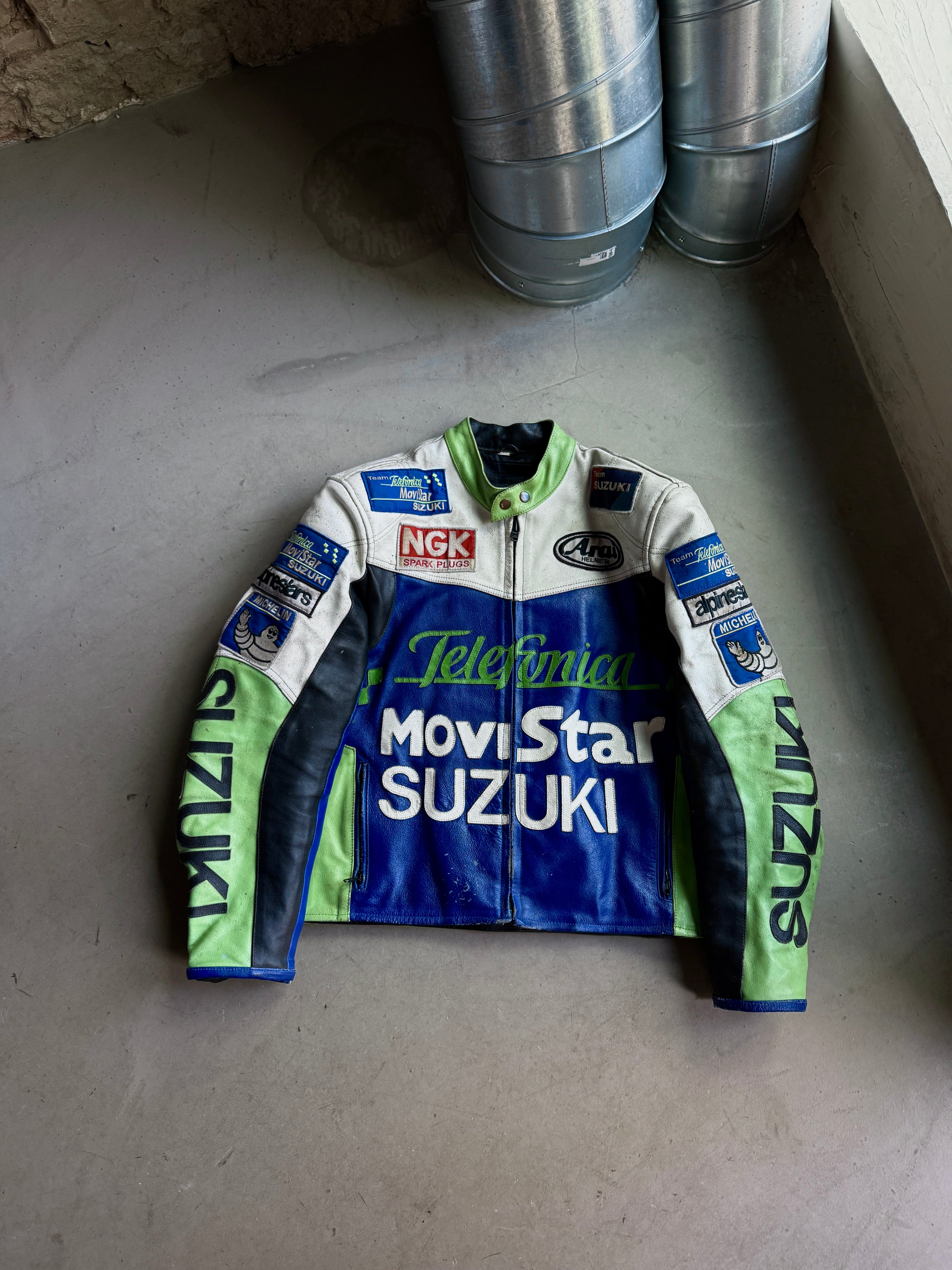 Vintage Suzuki Movi Star Racing Biker Leather Jacket Green / Blue - M