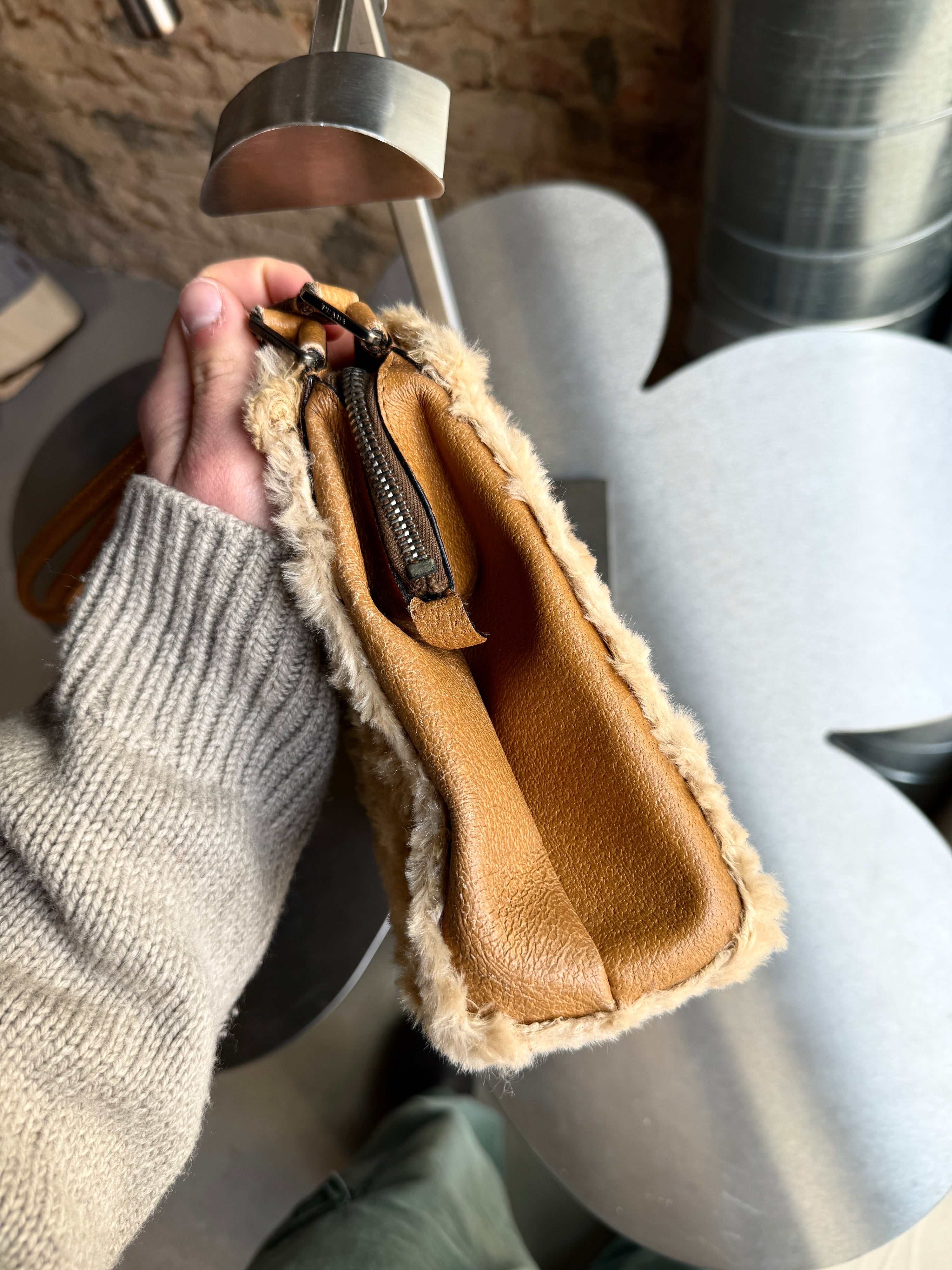 Vintage 2000s Prada Faux Fur Shearling Leather Shoulder Bag Beige