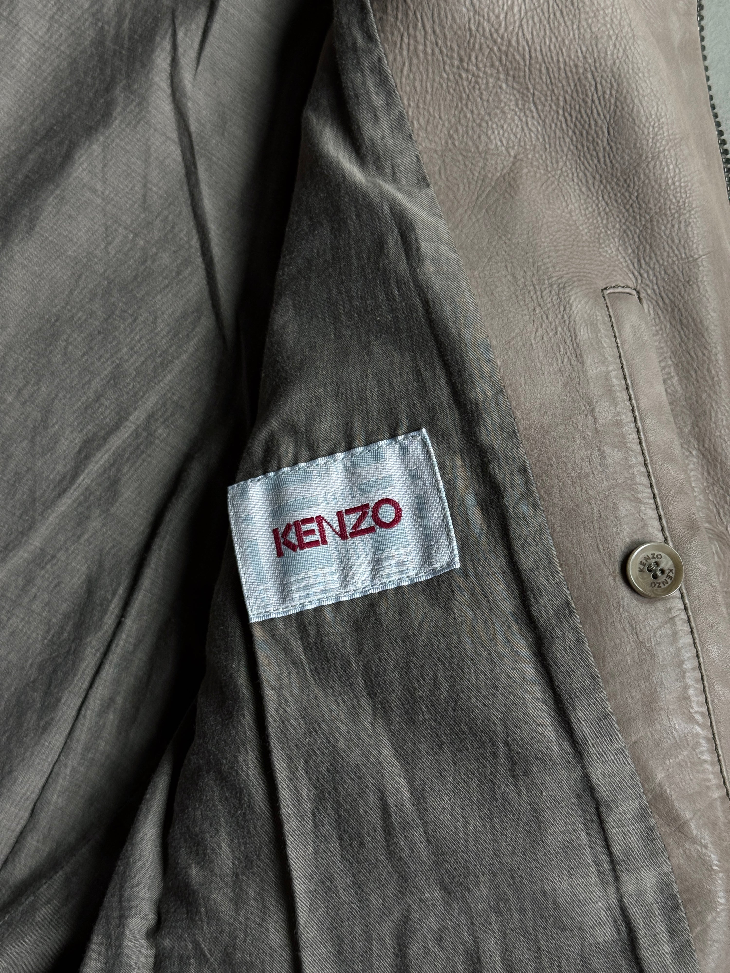 Vintage Kenzo Leather Biker Jacket Taupe / Khaki - L