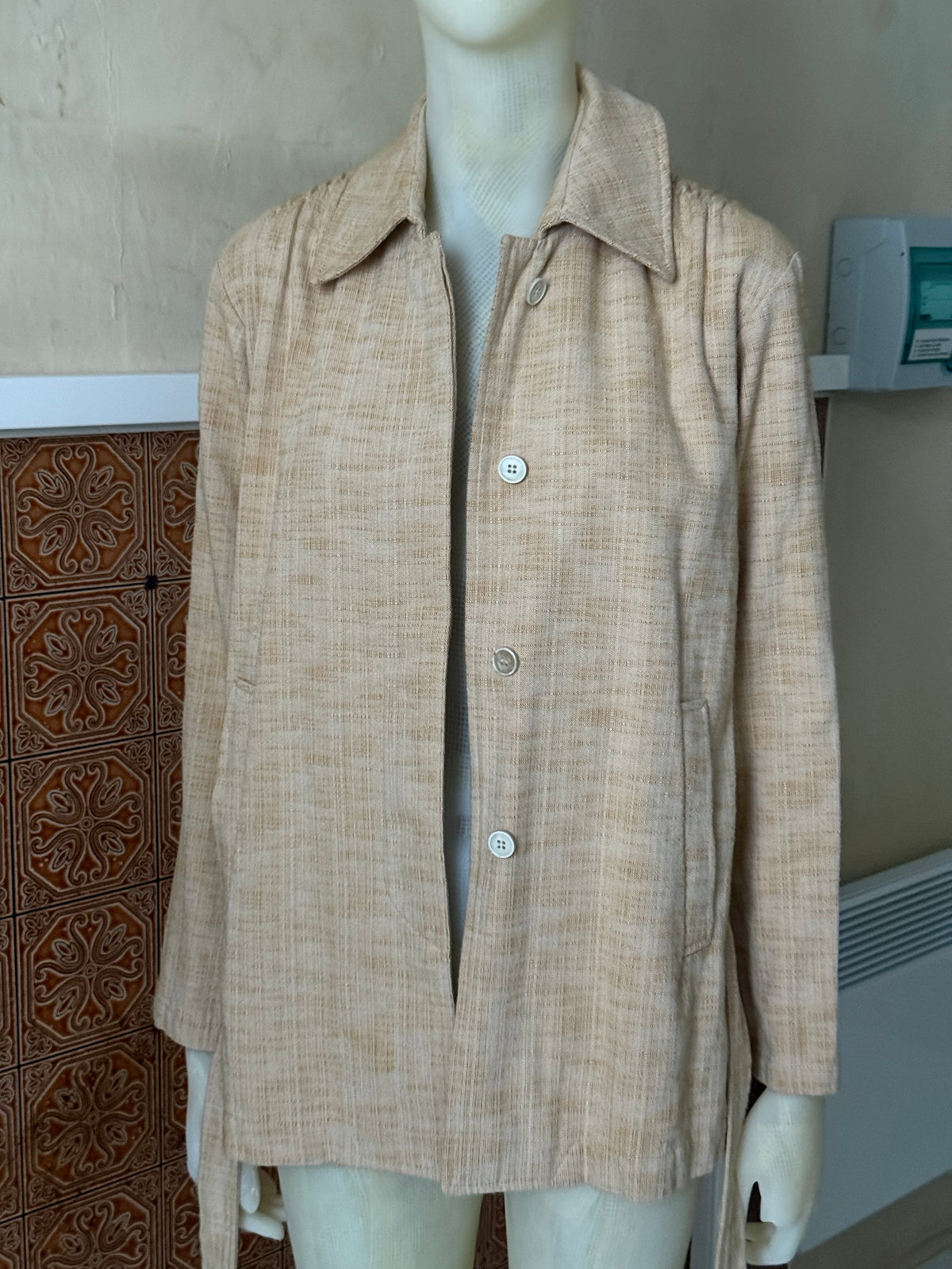 Dries Van Noten Belted Textured Melange Beige Shirt Jacket - S