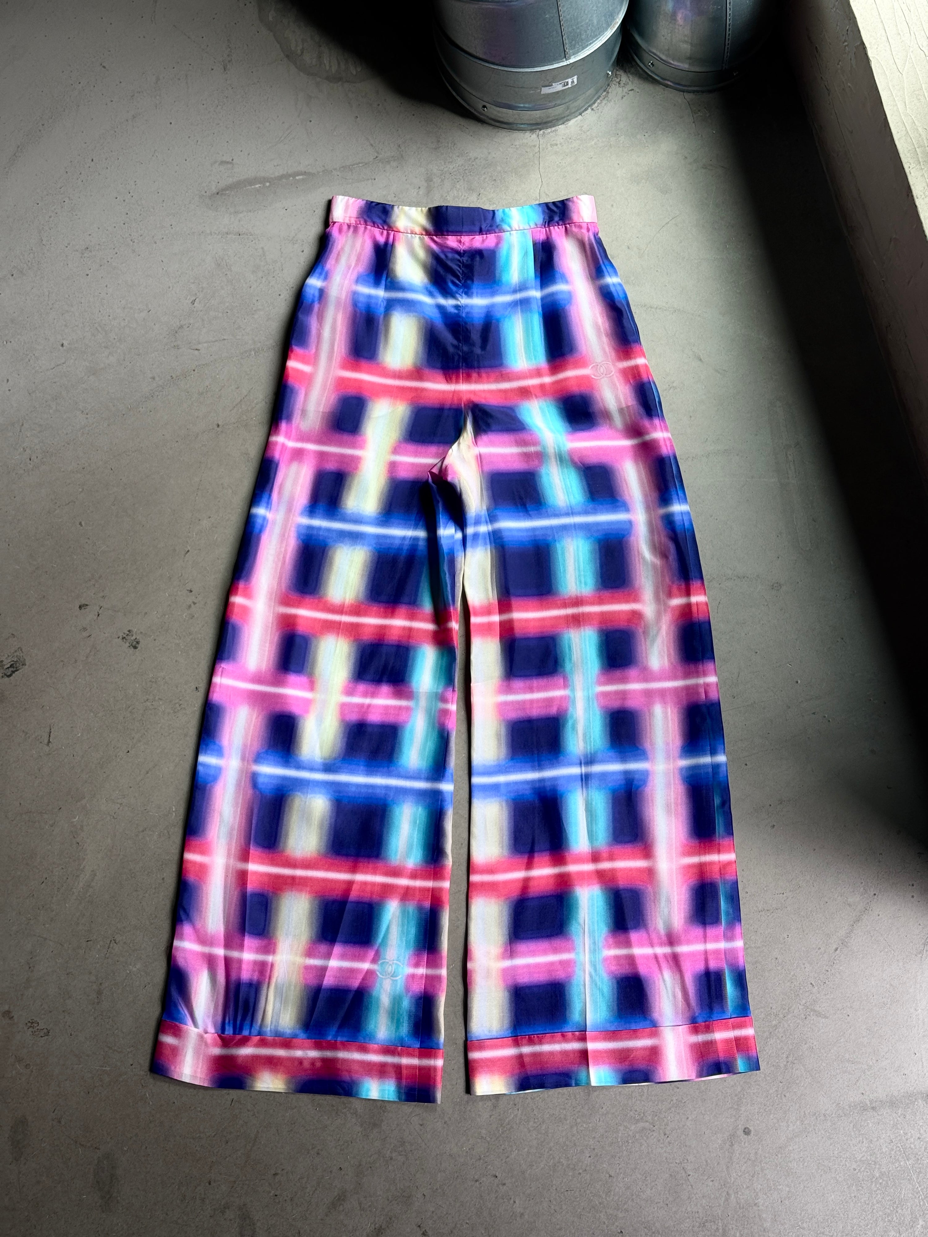Checkered Plaid Chanel Silk Wide-Leg Palazzo Trousers - W29 L32