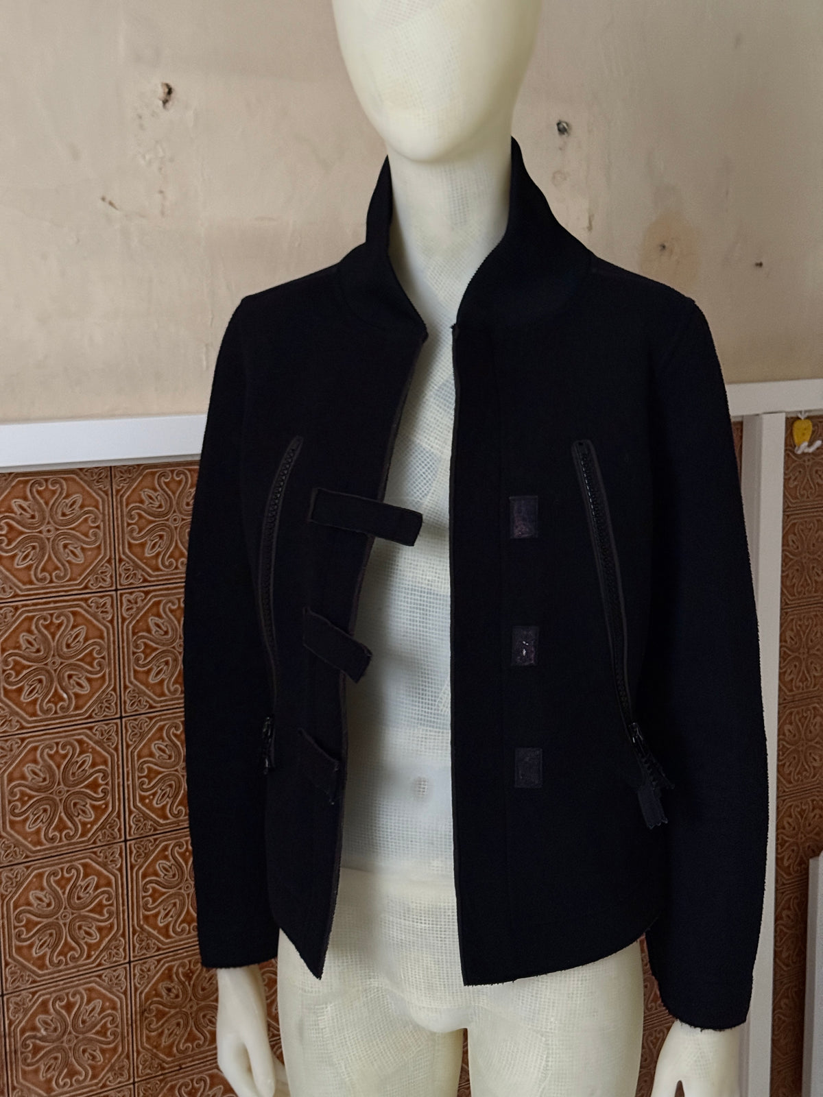 Vintage Cropped Cop Copine Black Fleece Velcro Jacket - S