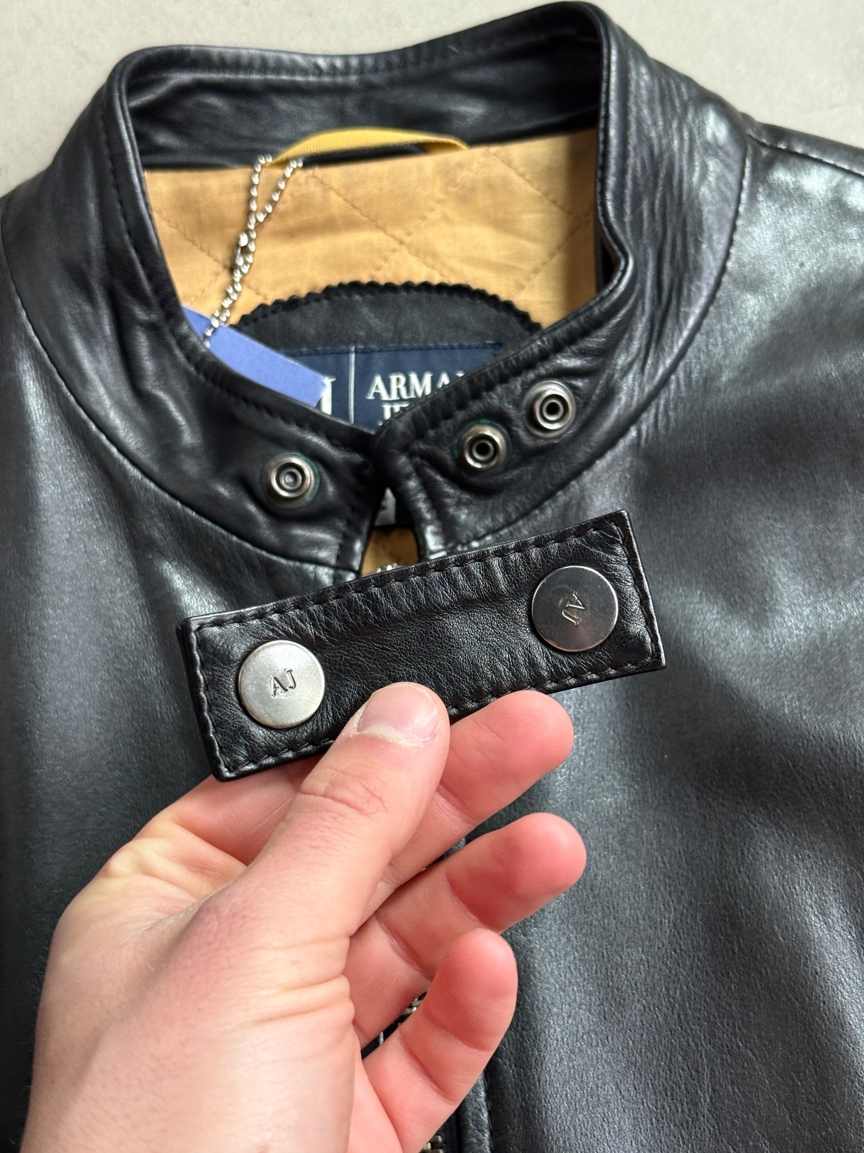 Vintage 2000s Armani Jeans Leather Biker Jacket Black - M