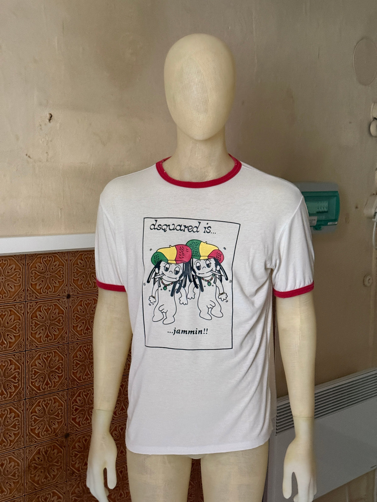 2000s Dsquared2 “Jammin”  White Rasta Ringer T-Shirt - M