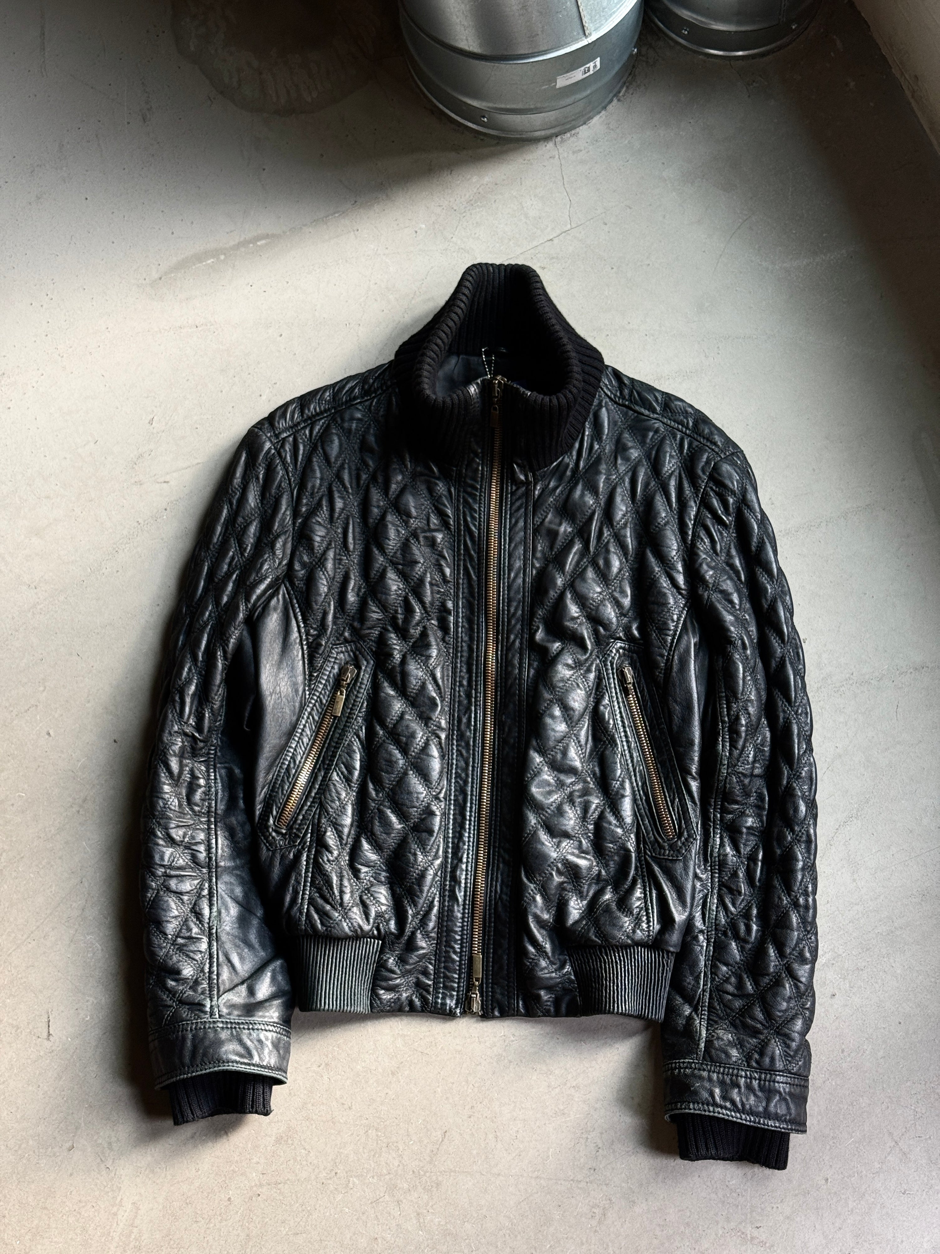 Vintage AW2004 Just Cavalli Cinched Diamond Quilted Leather Jacket Black - M