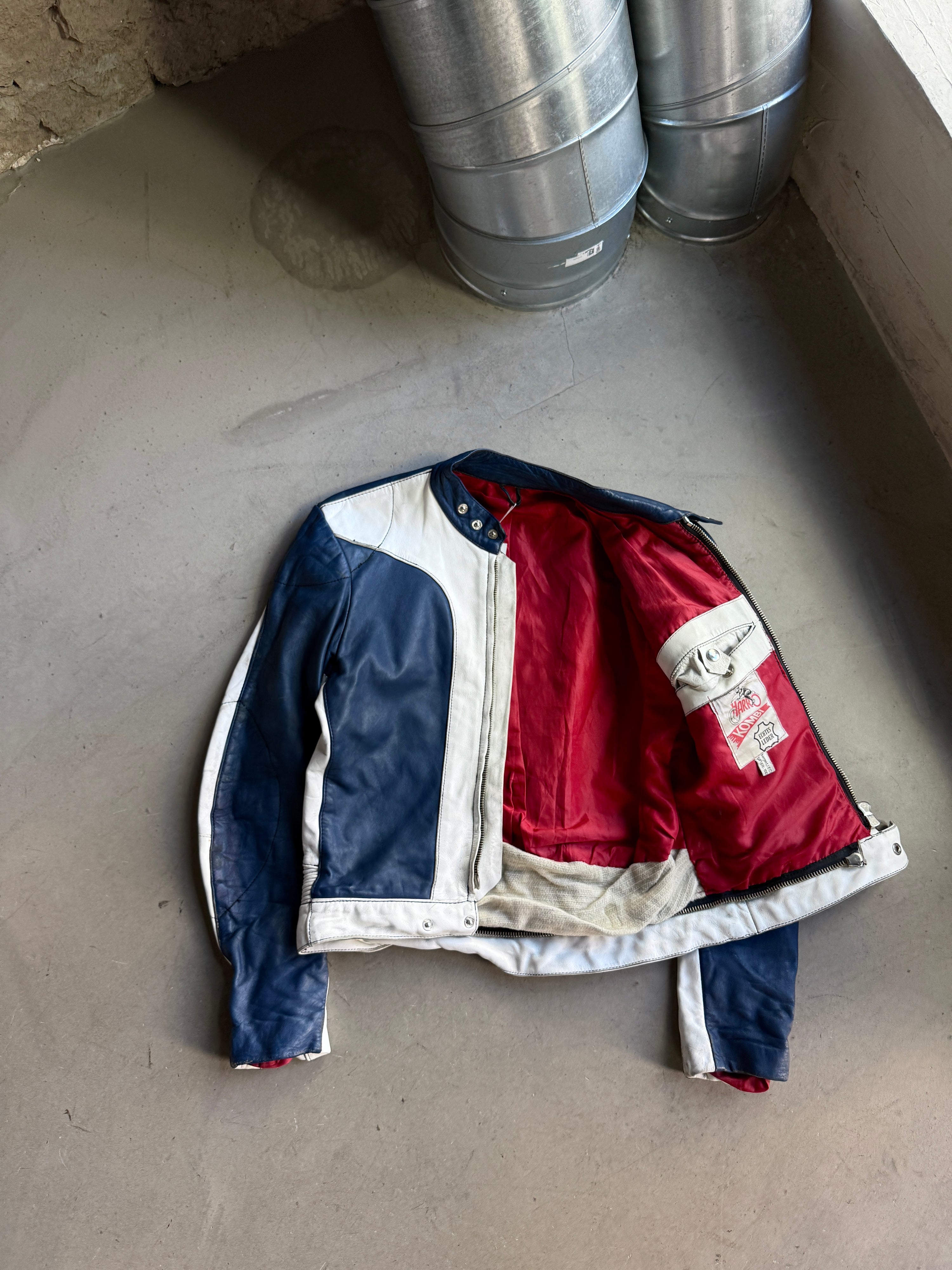 Vintage 1970s Harro Racing Biker Leather Jacket White / Navy - XS