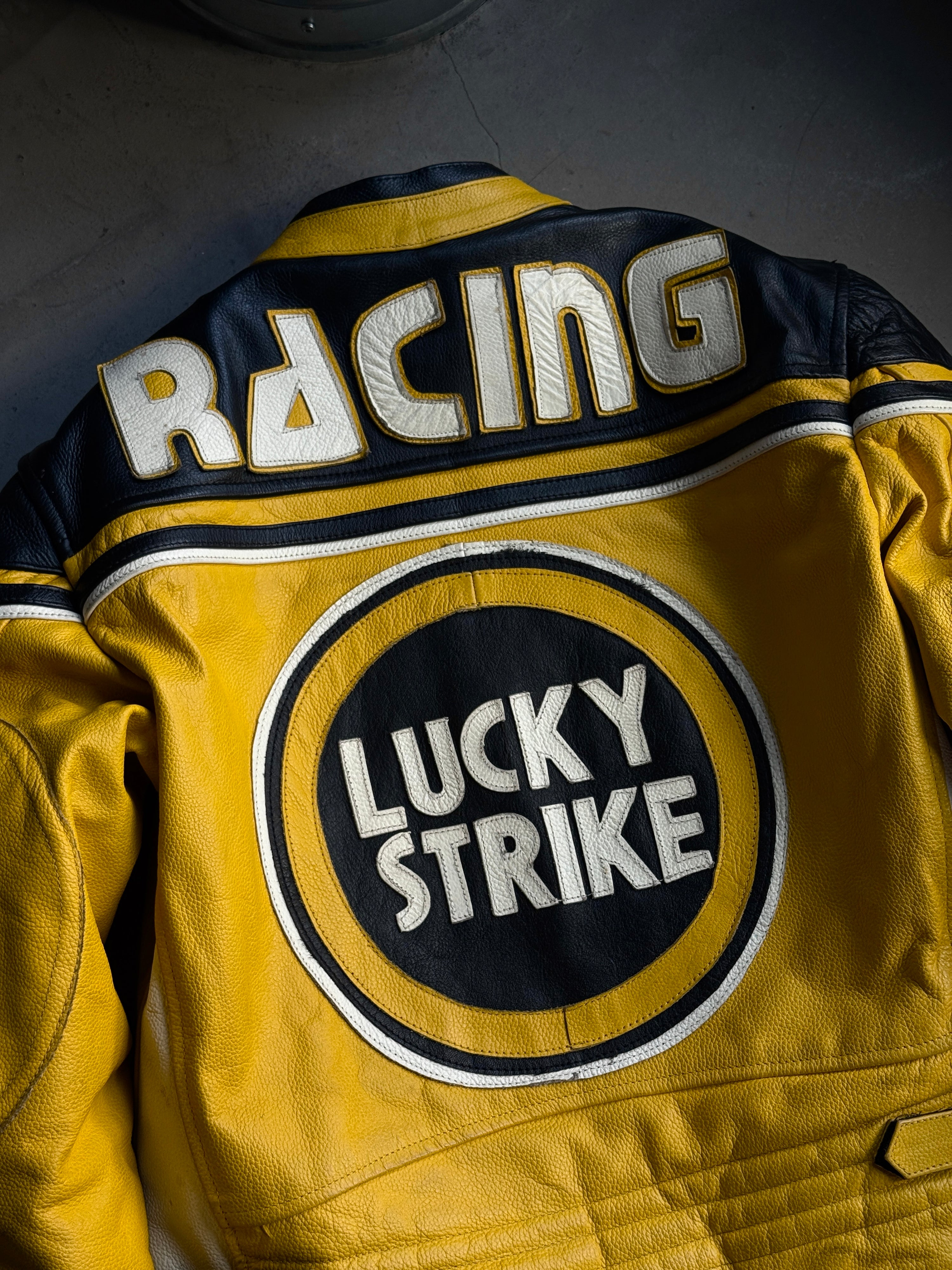 Vintage Lucky Strike Motorcycle Racing Leather Jacket Yellow - S