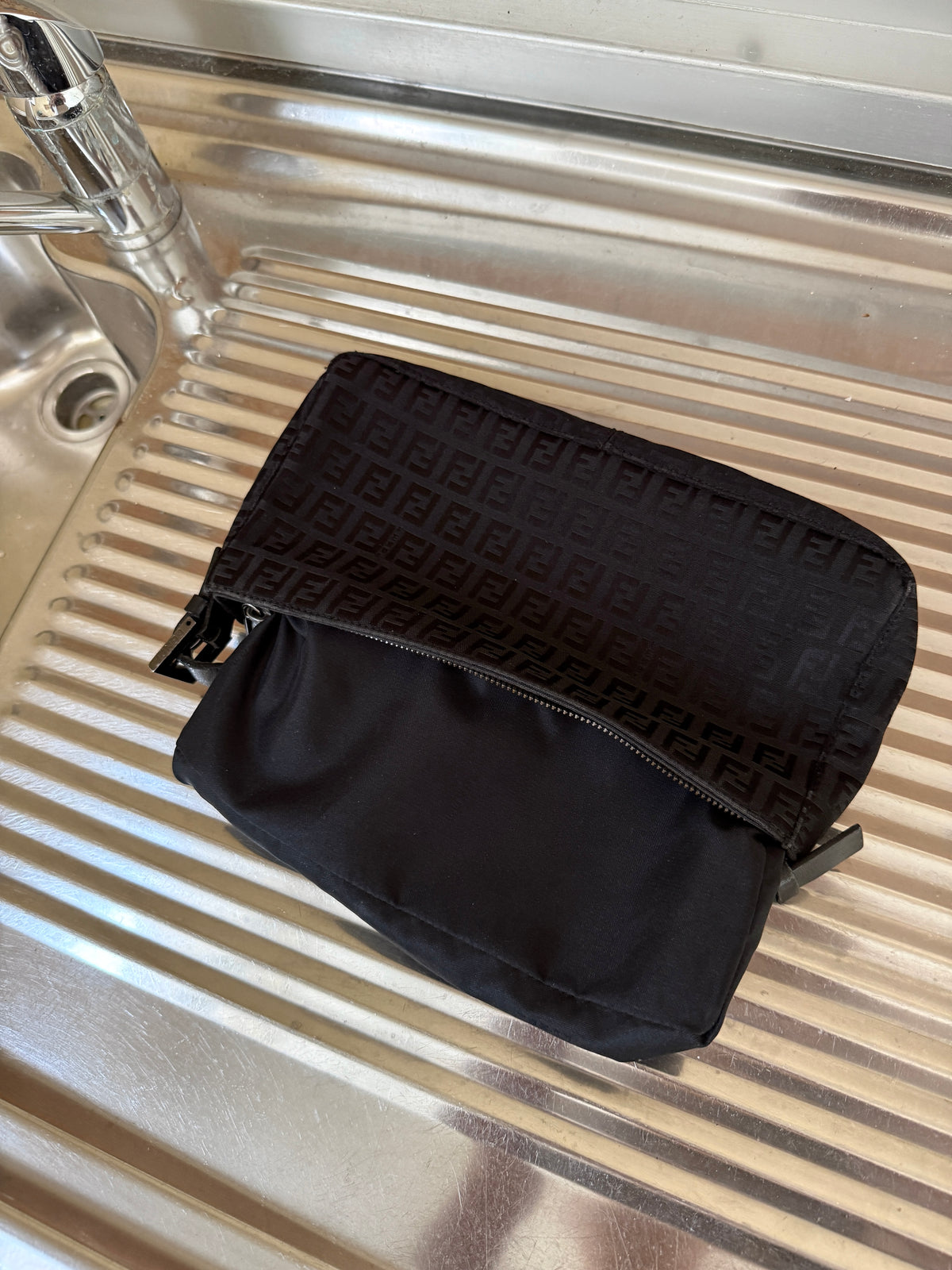 Vintage Fendi FF Zucchino Canvas Pochette Black Shoulder Bag