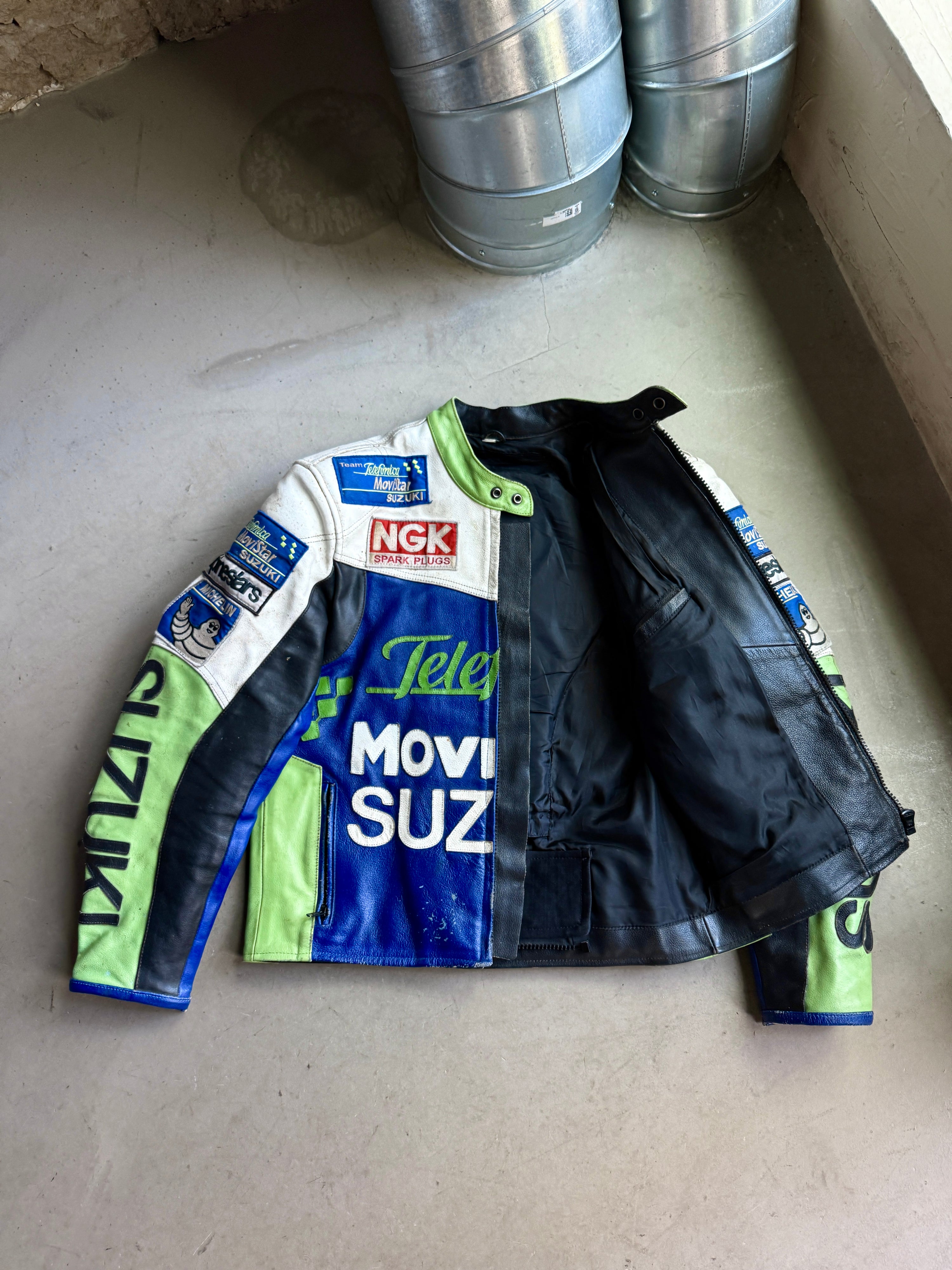 Vintage Suzuki Movi Star Racing Biker Leather Jacket Green / Blue - M