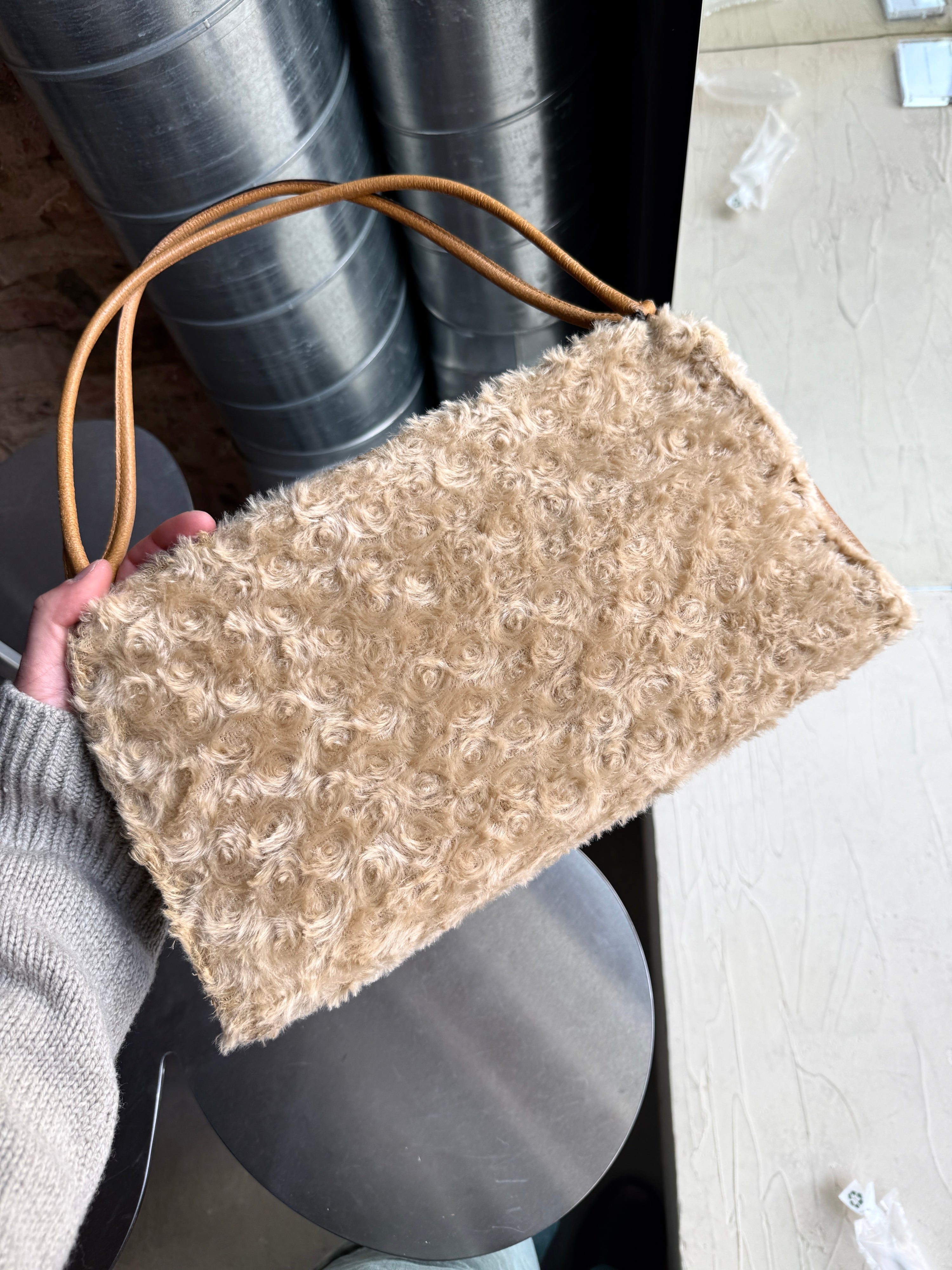 Vintage 2000s Prada Faux Fur Shearling Leather Shoulder Bag Beige