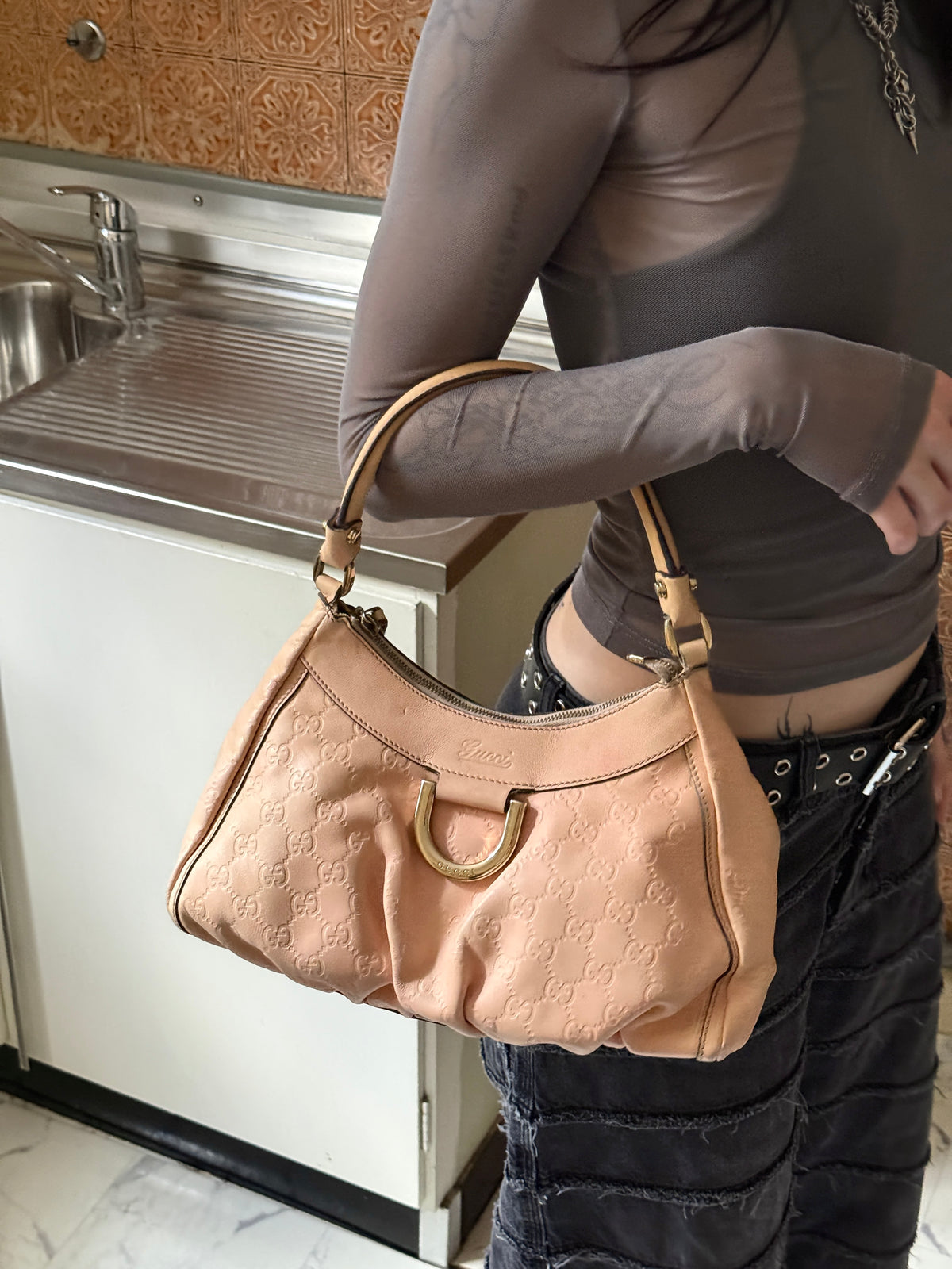 Gucci Guccissima Abbey D-Ring Small Leather Shoulder Bag Pink