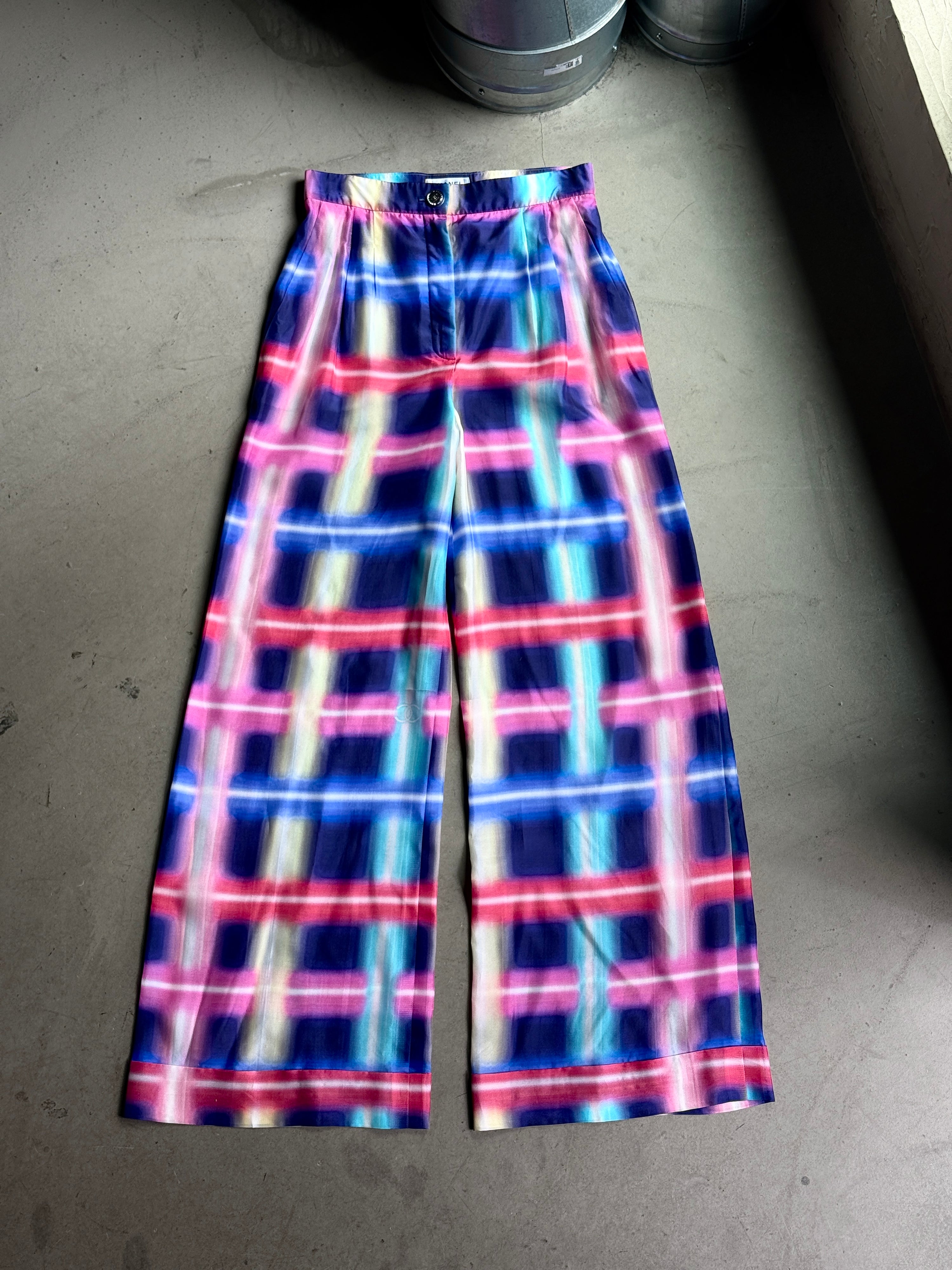 Checkered Plaid Chanel Silk Wide-Leg Palazzo Trousers - W29 L32