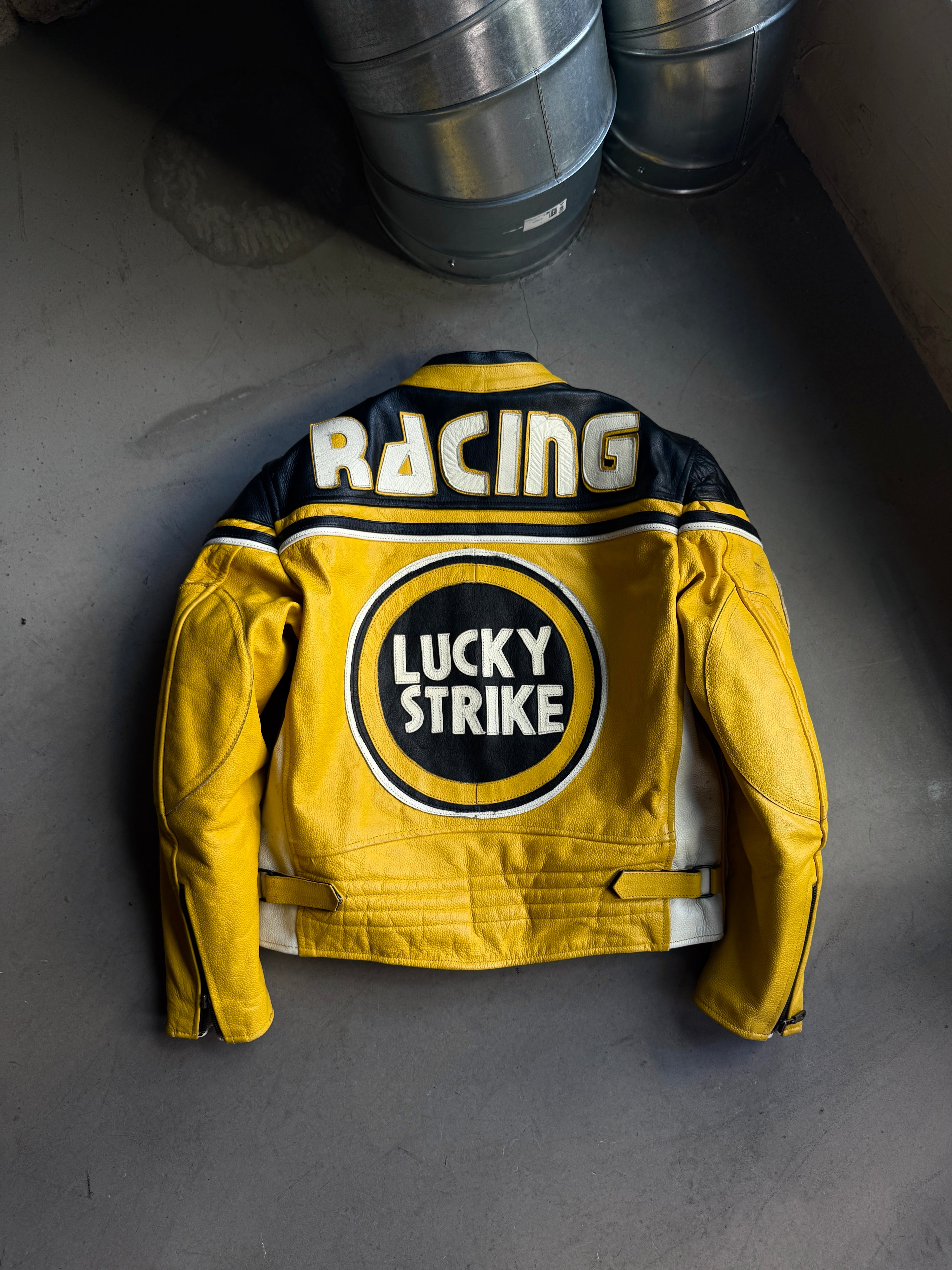 Vintage Lucky Strike Motorcycle Racing Leather Jacket Yellow - S