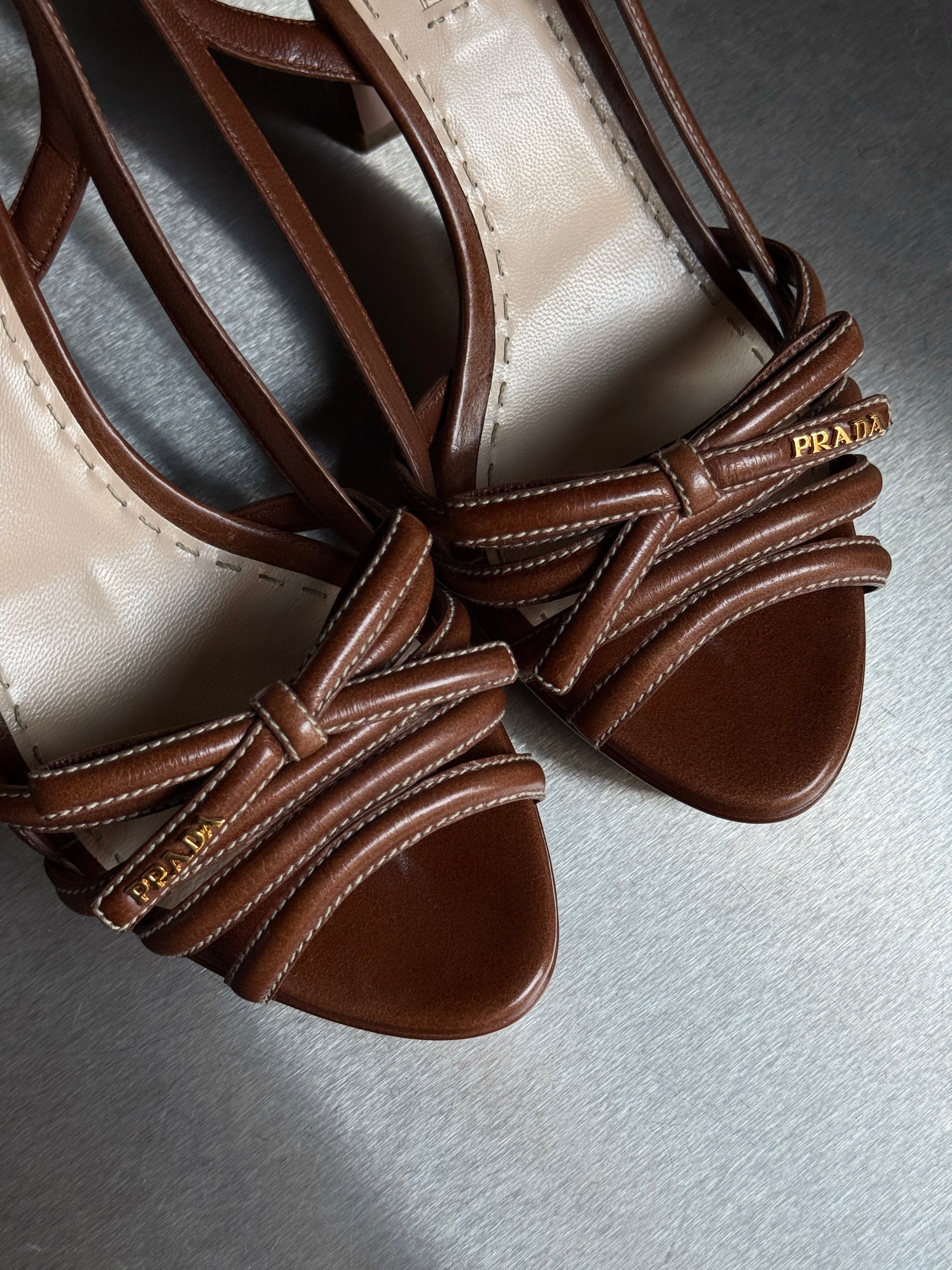 Prada Slingback Bow Leather Heels Brown (with box) - EU 40
