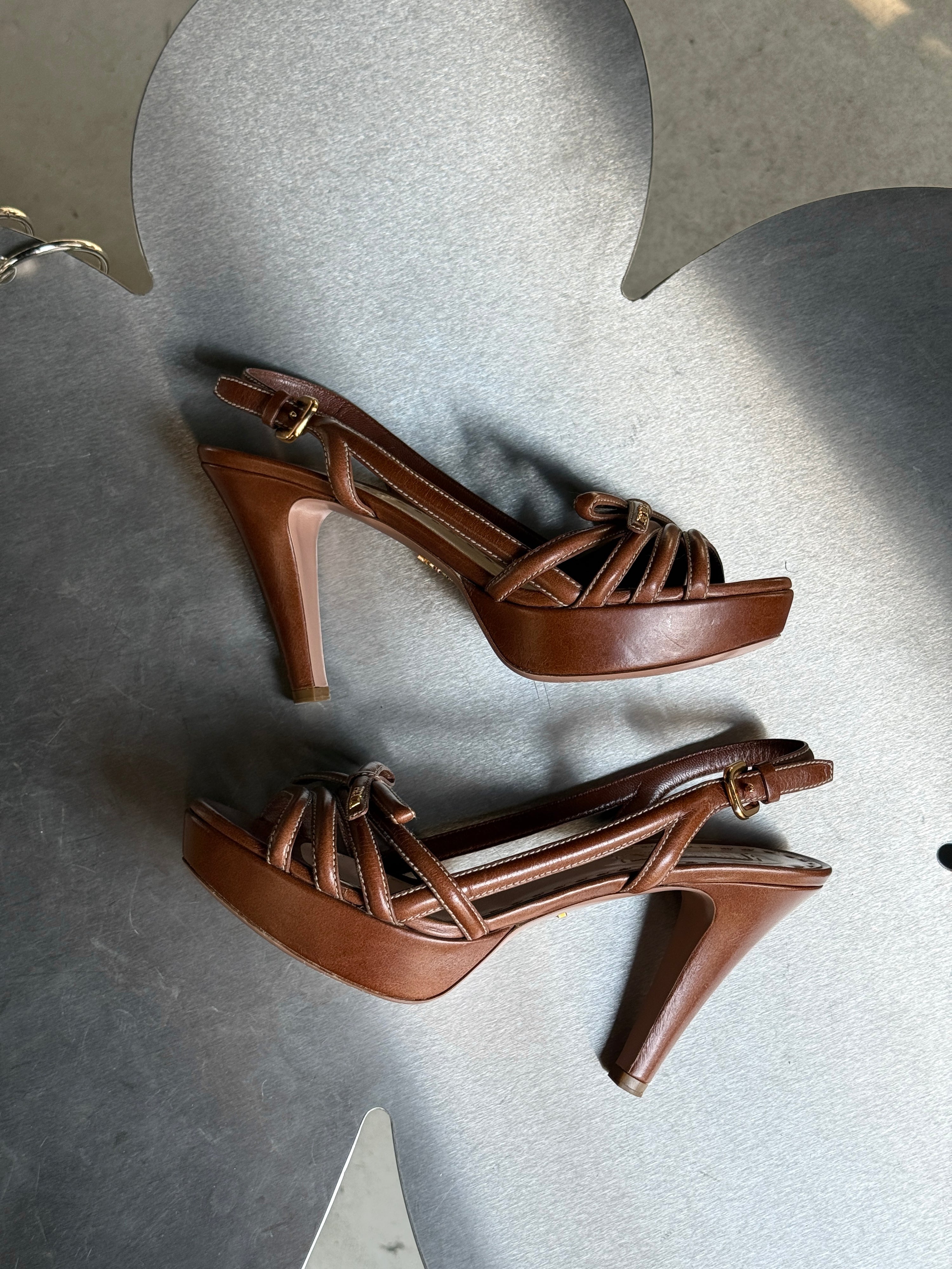 Prada Slingback Bow Leather Heels Brown (with box) - EU 40