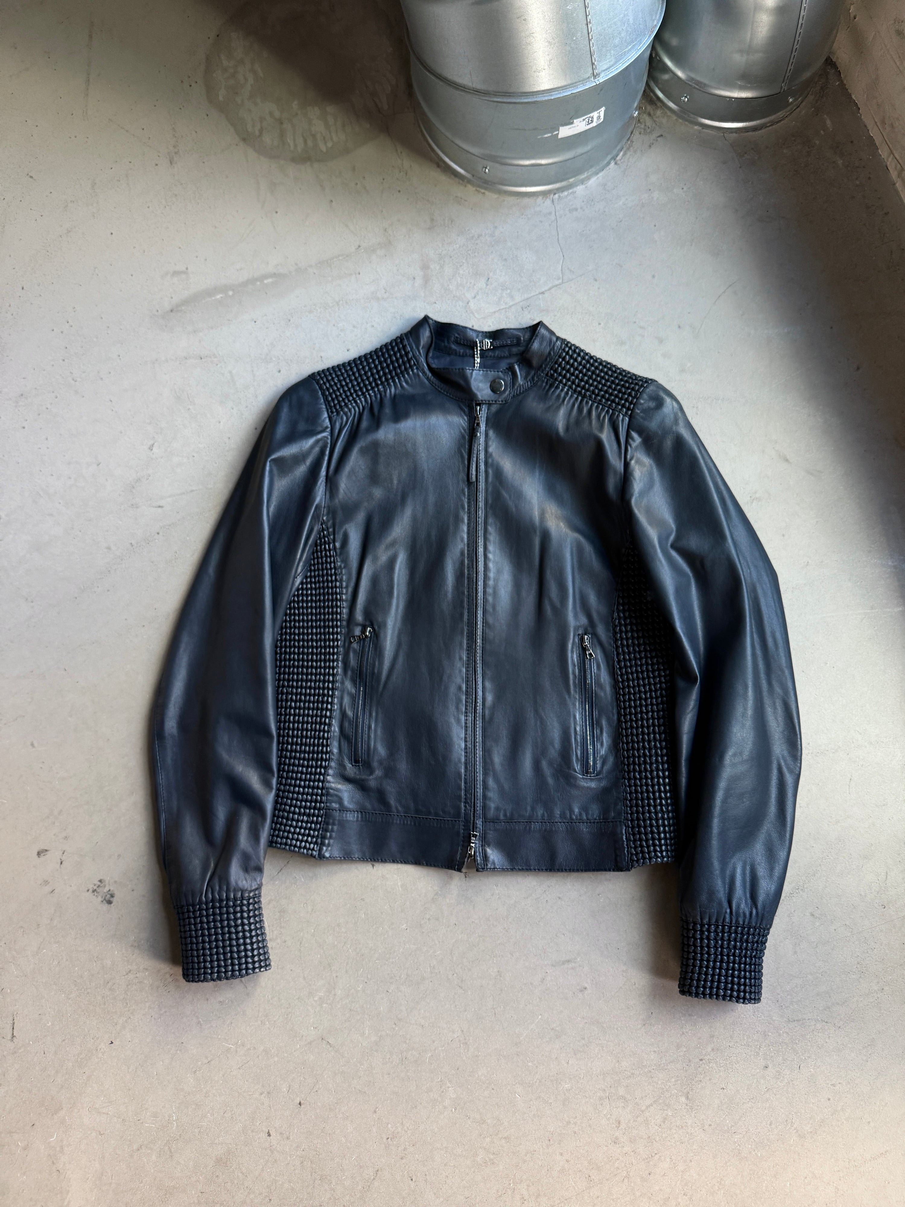 2000s Hugo Boss Nappa Bubble Leather Jacket Navy - S