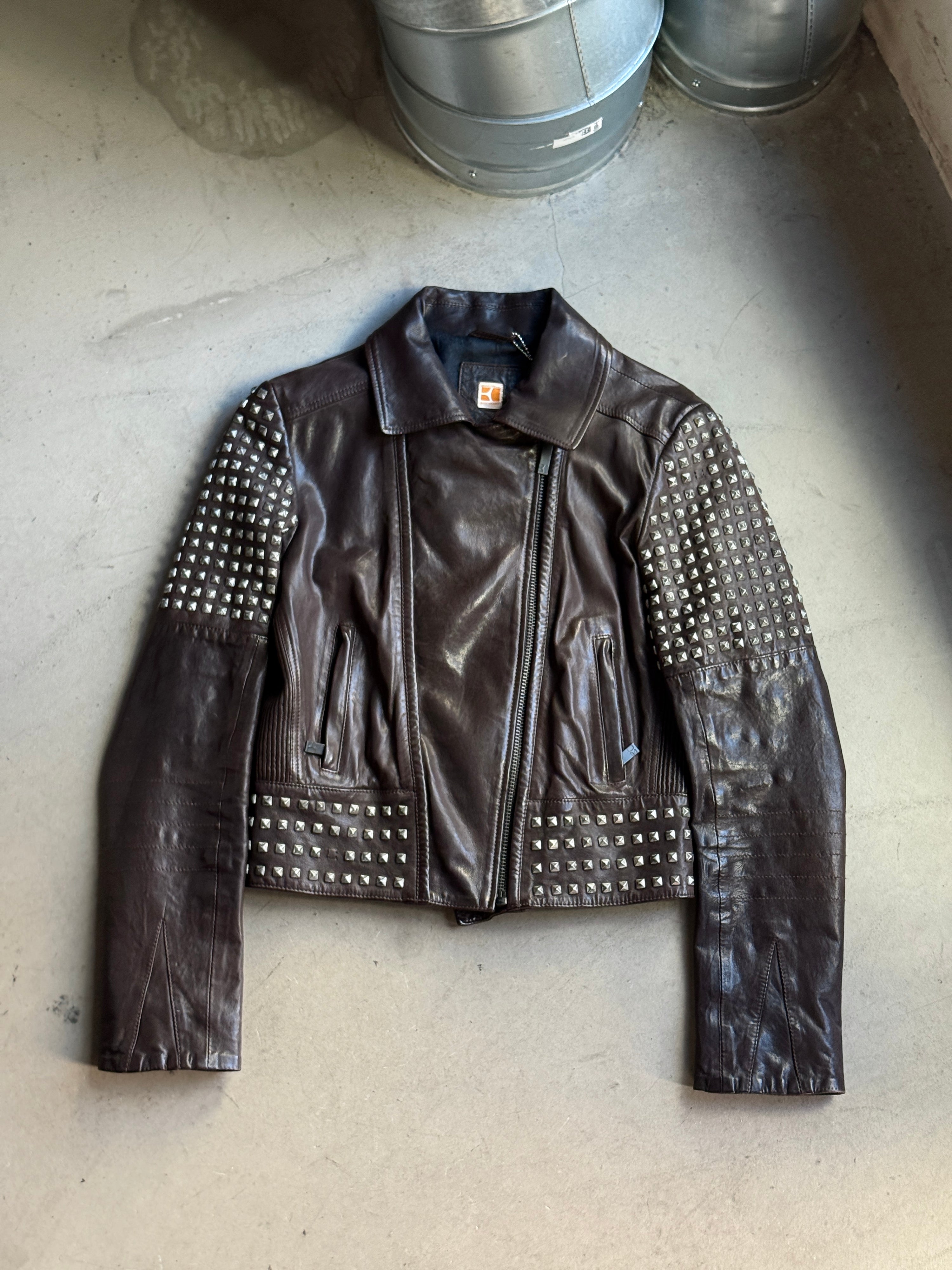 Vintage 2000s Hugo Boss Orange Studded Biker Leather Jacket Brown - S