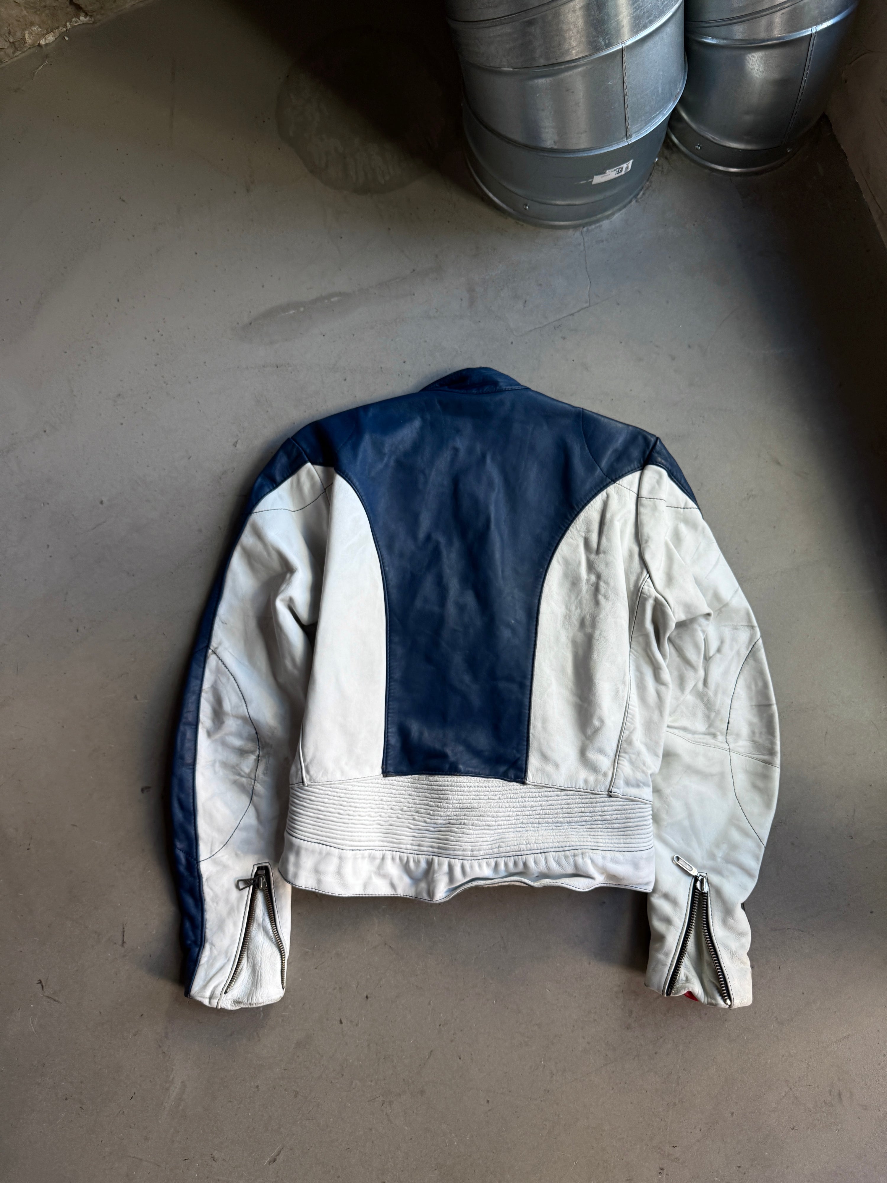 Vintage 1970s Harro Racing Biker Leather Jacket White / Navy - XS