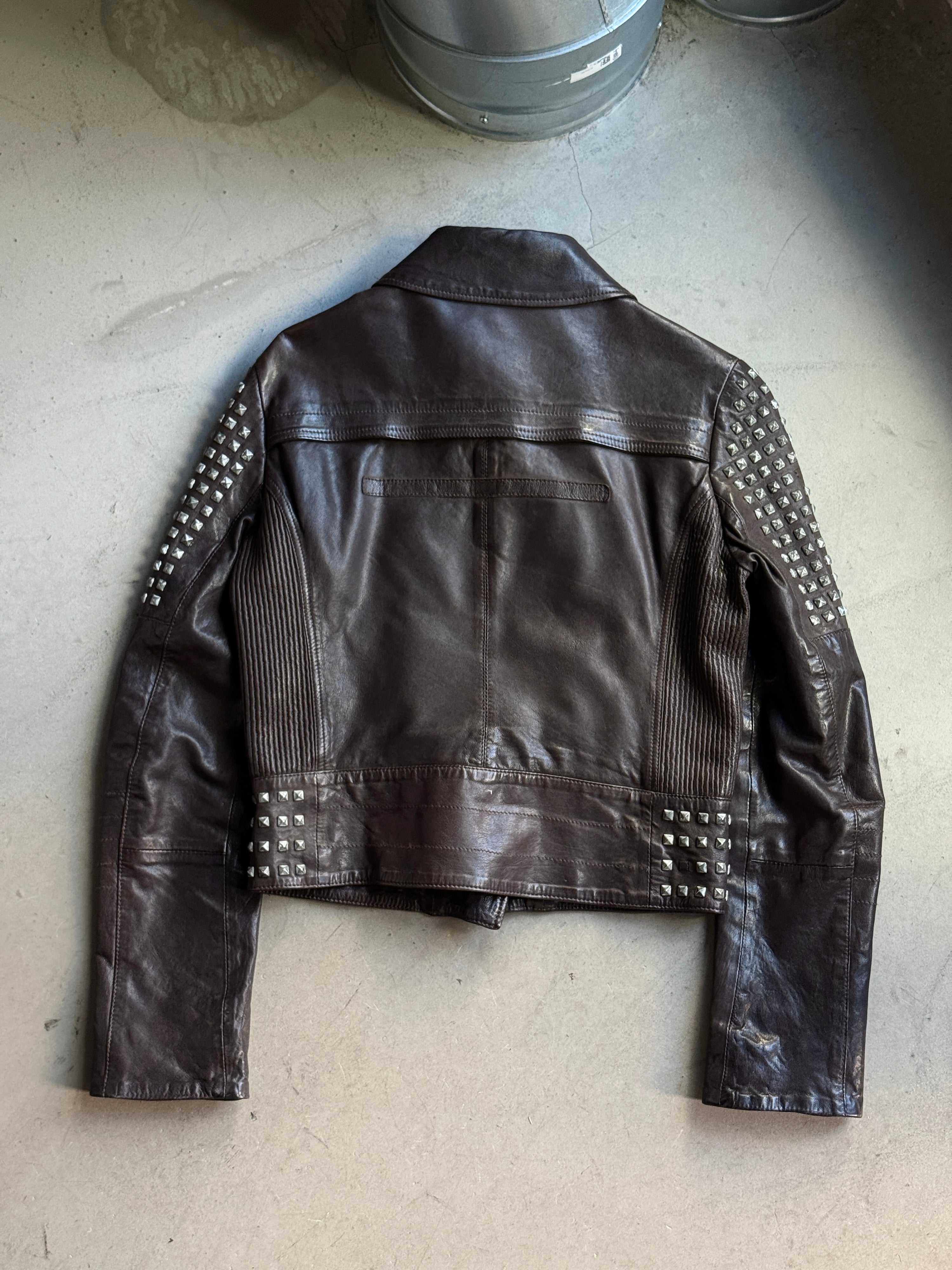 Vintage 2000s Hugo Boss Orange Studded Biker Leather Jacket Brown - S