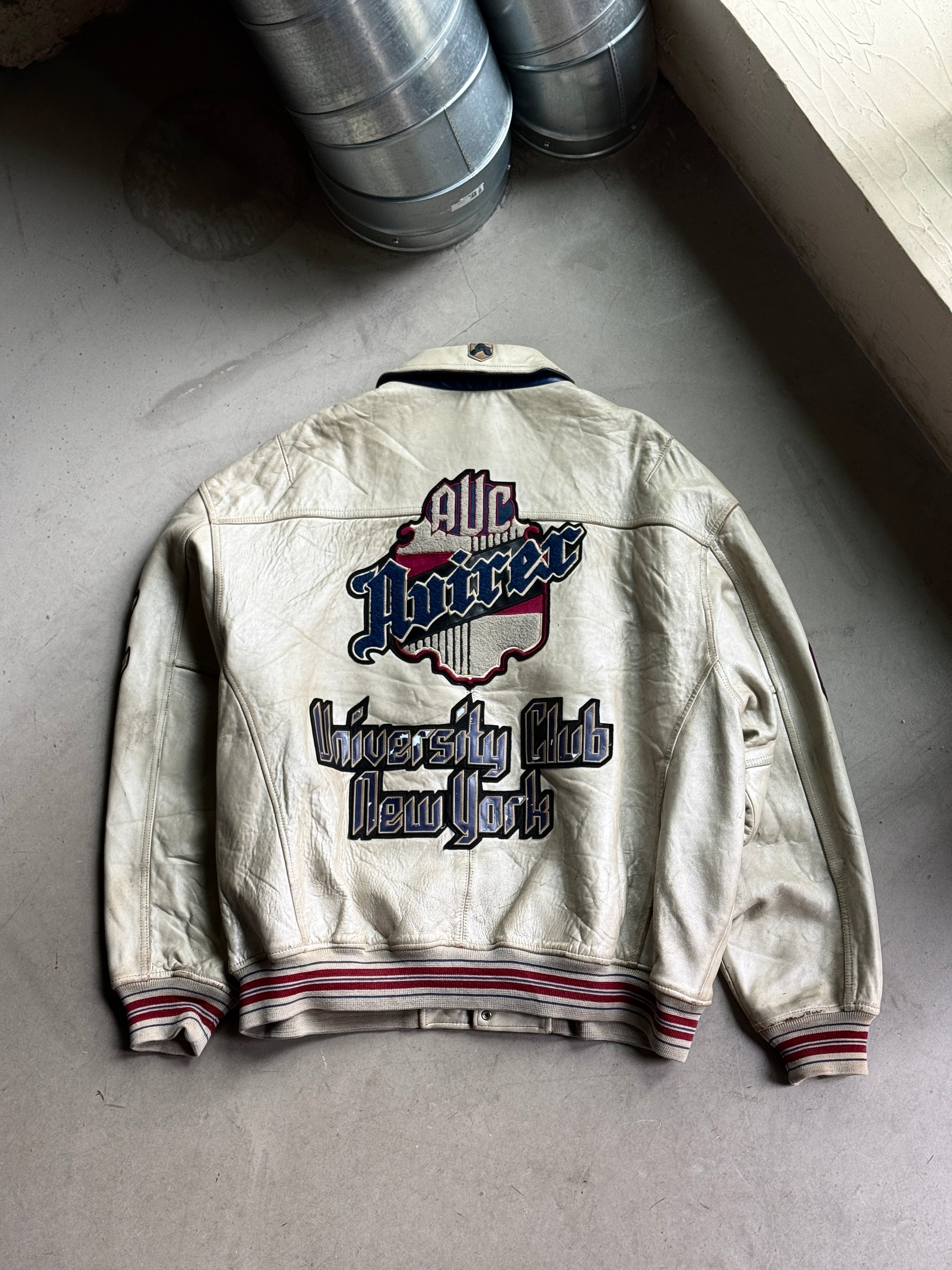 Vintage Avirex "University Club New York" Varsity Leather Jacket Cream - XXL