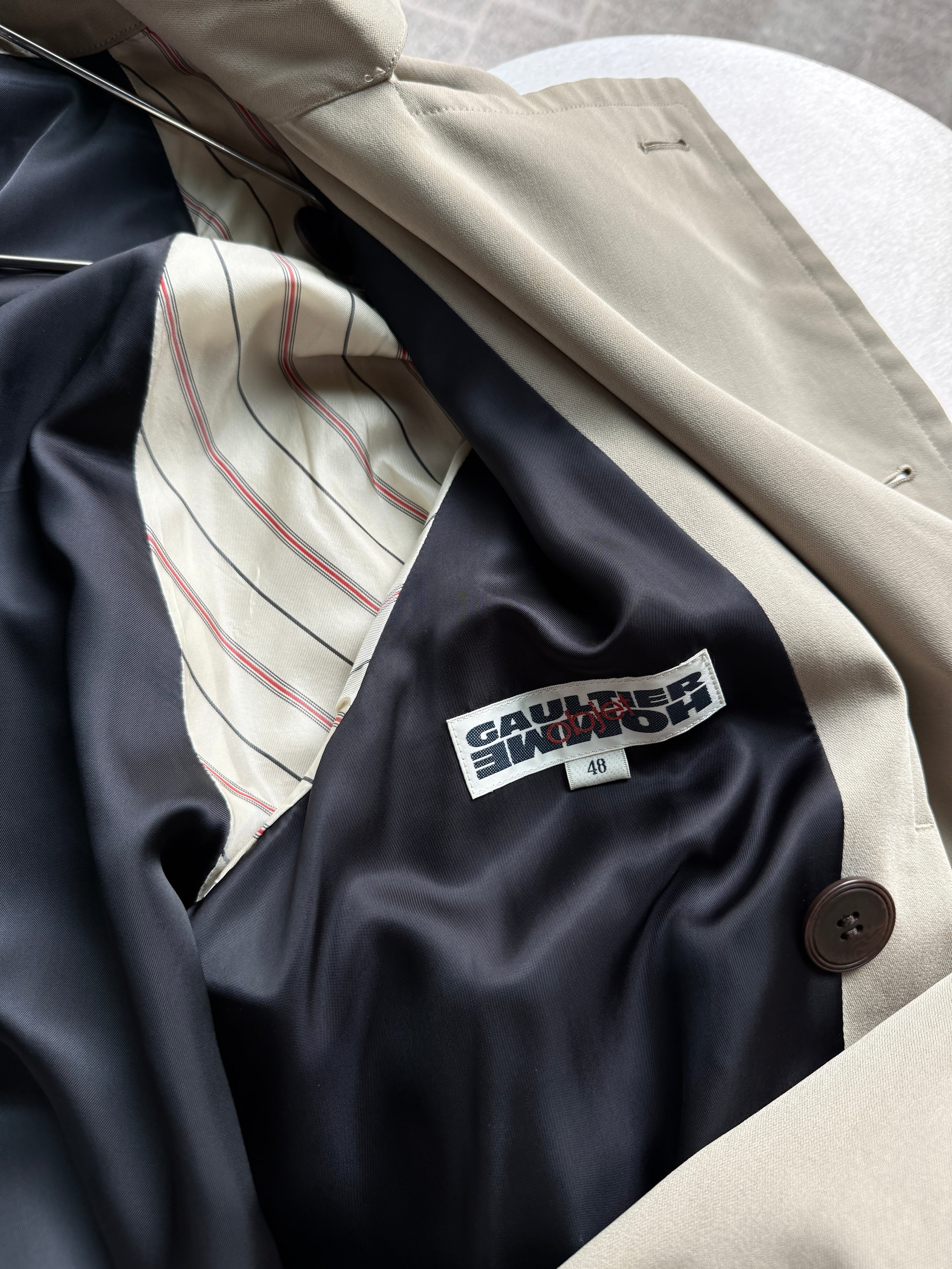 Vintage 1990s Jean Paul Gaultier Objet Homme Double Breasted Trench Coat Beige - L