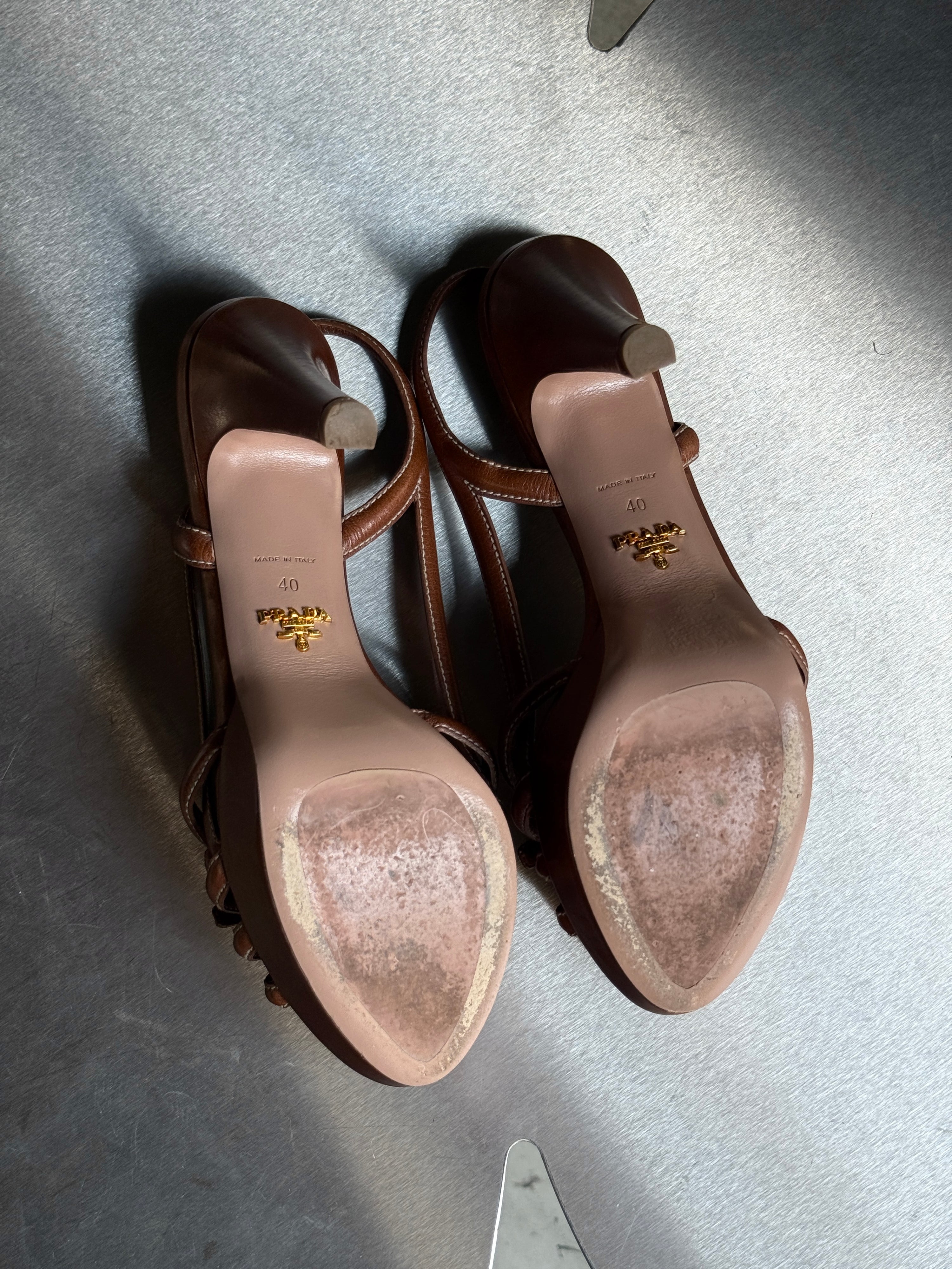 Prada Slingback Bow Leather Heels Brown (with box) - EU 40
