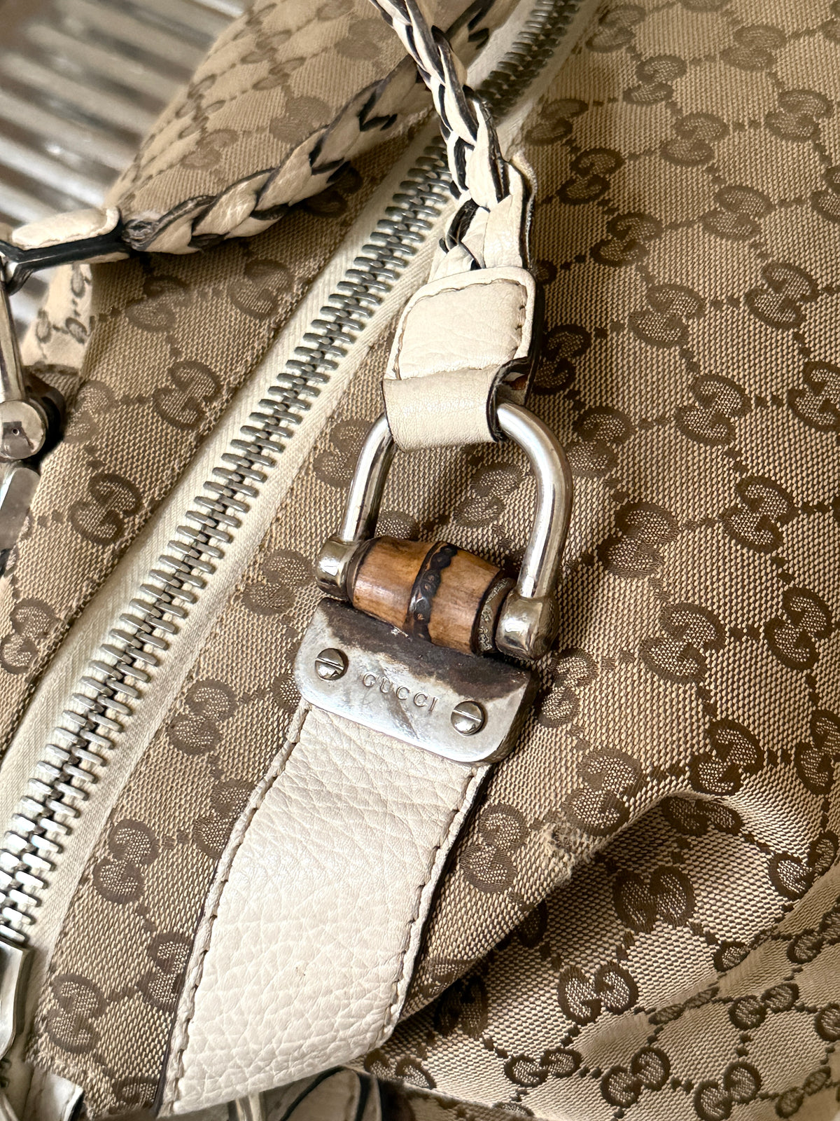 Gucci GG Bamboo Bar Medium Monogram White Shoulder Bag