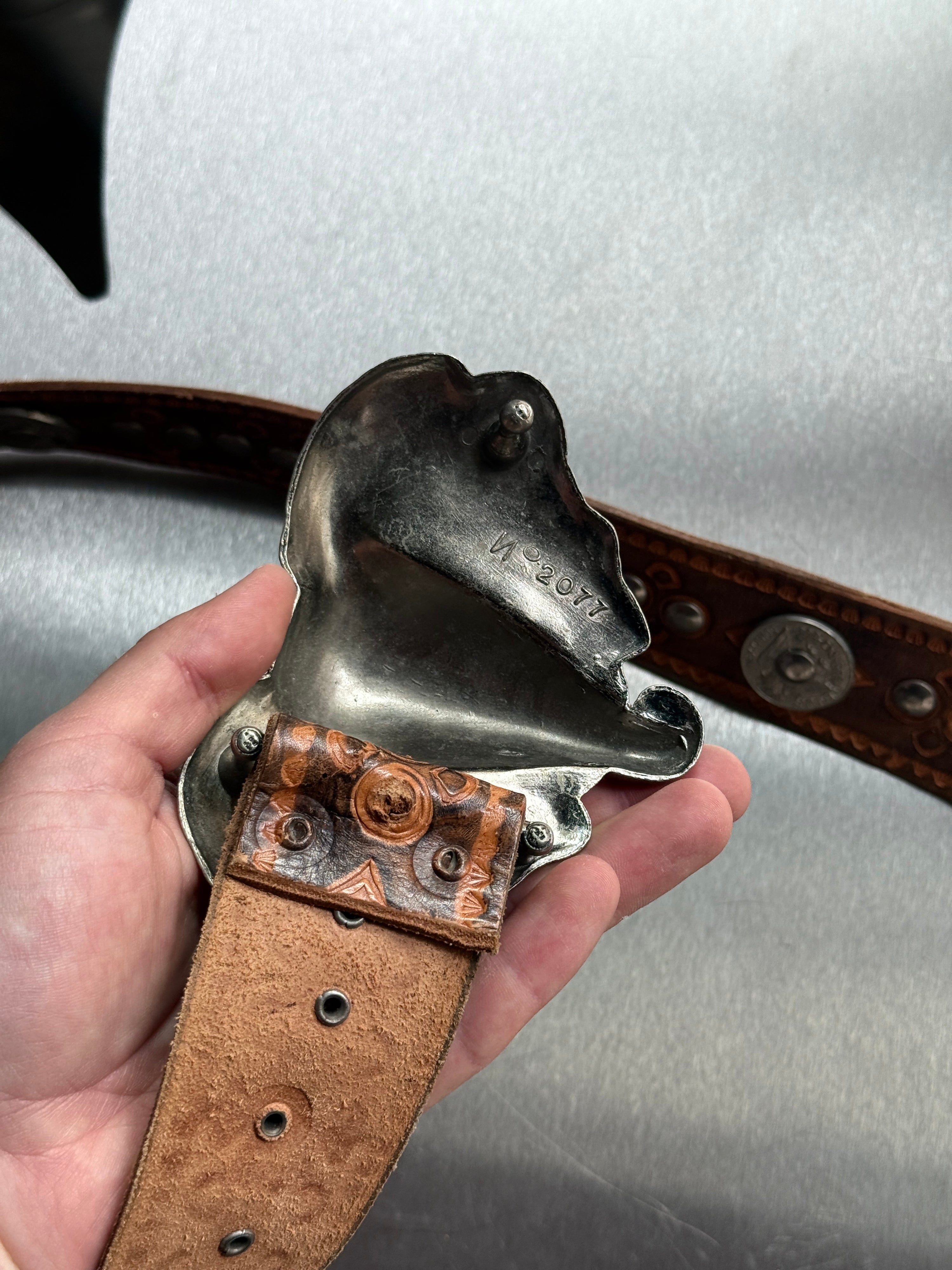 Vintage Elephant Buckle Coin-Studded Leather Belt Brown