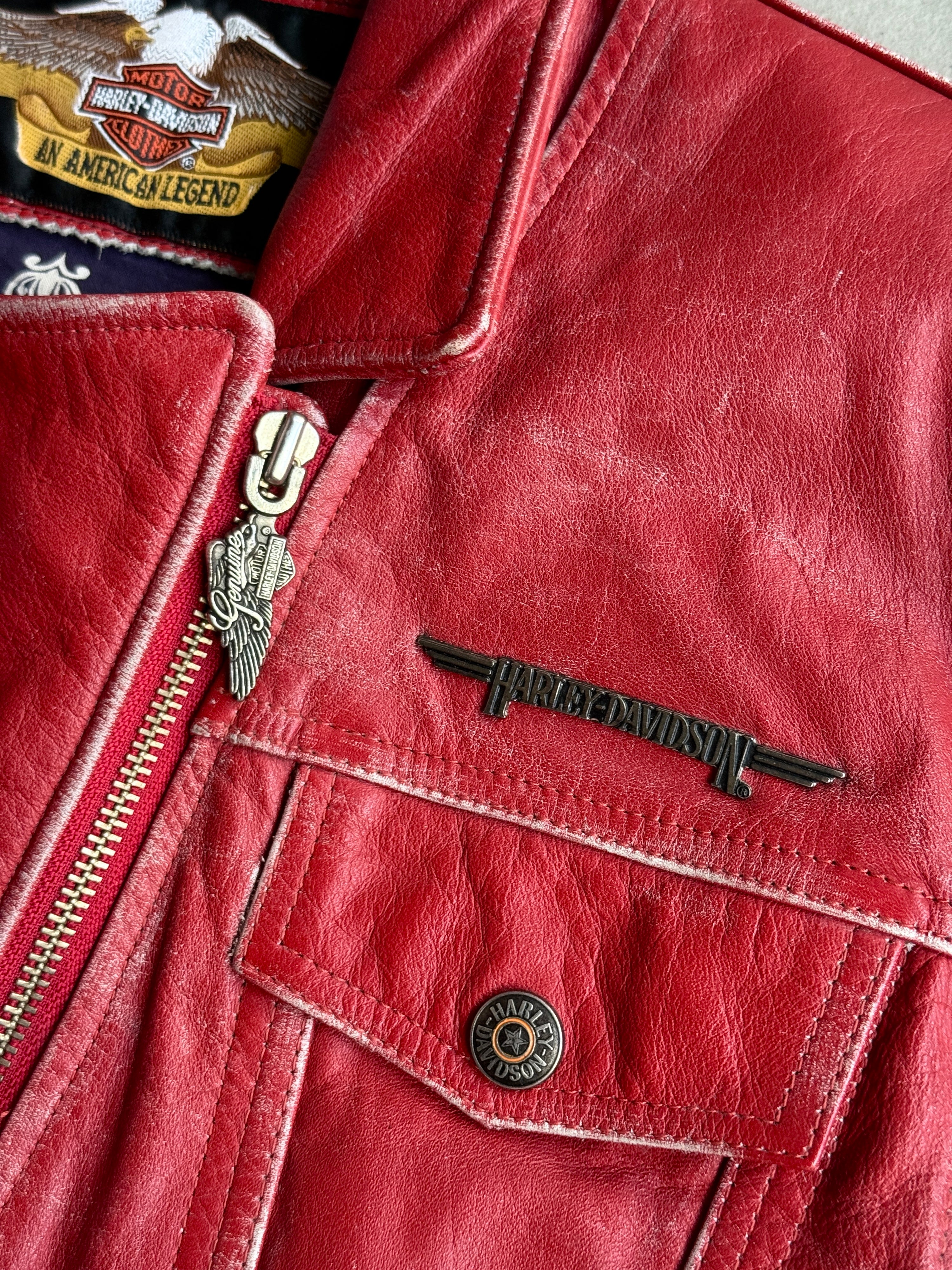 Vintage Bandana Lined Harley-Davidson Biker Leather Jacket Red - M