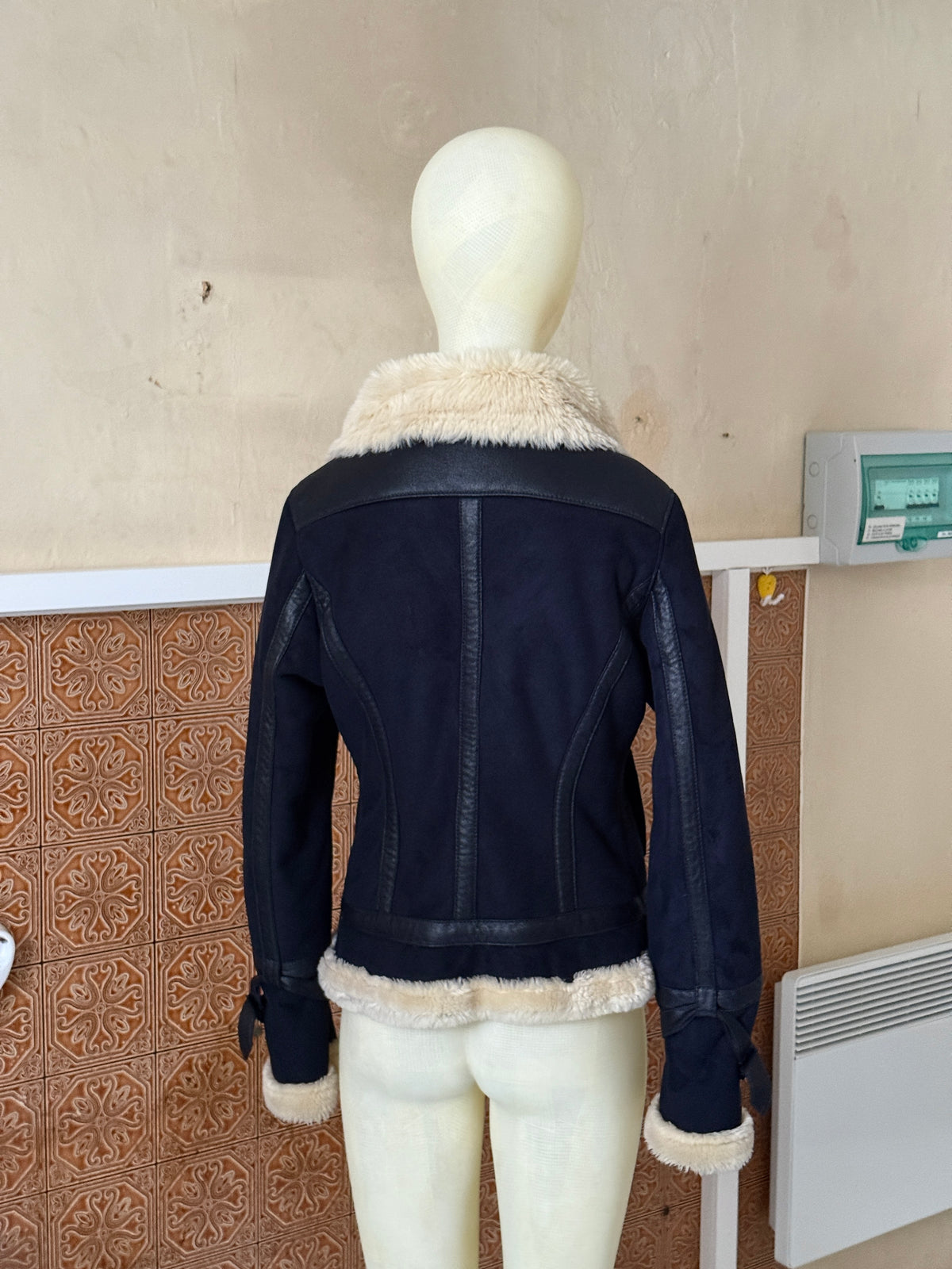 Vintage 00s Armani Jeans Navy Faux Suede / Faux Fur Shearling Aviator Jacket - XS