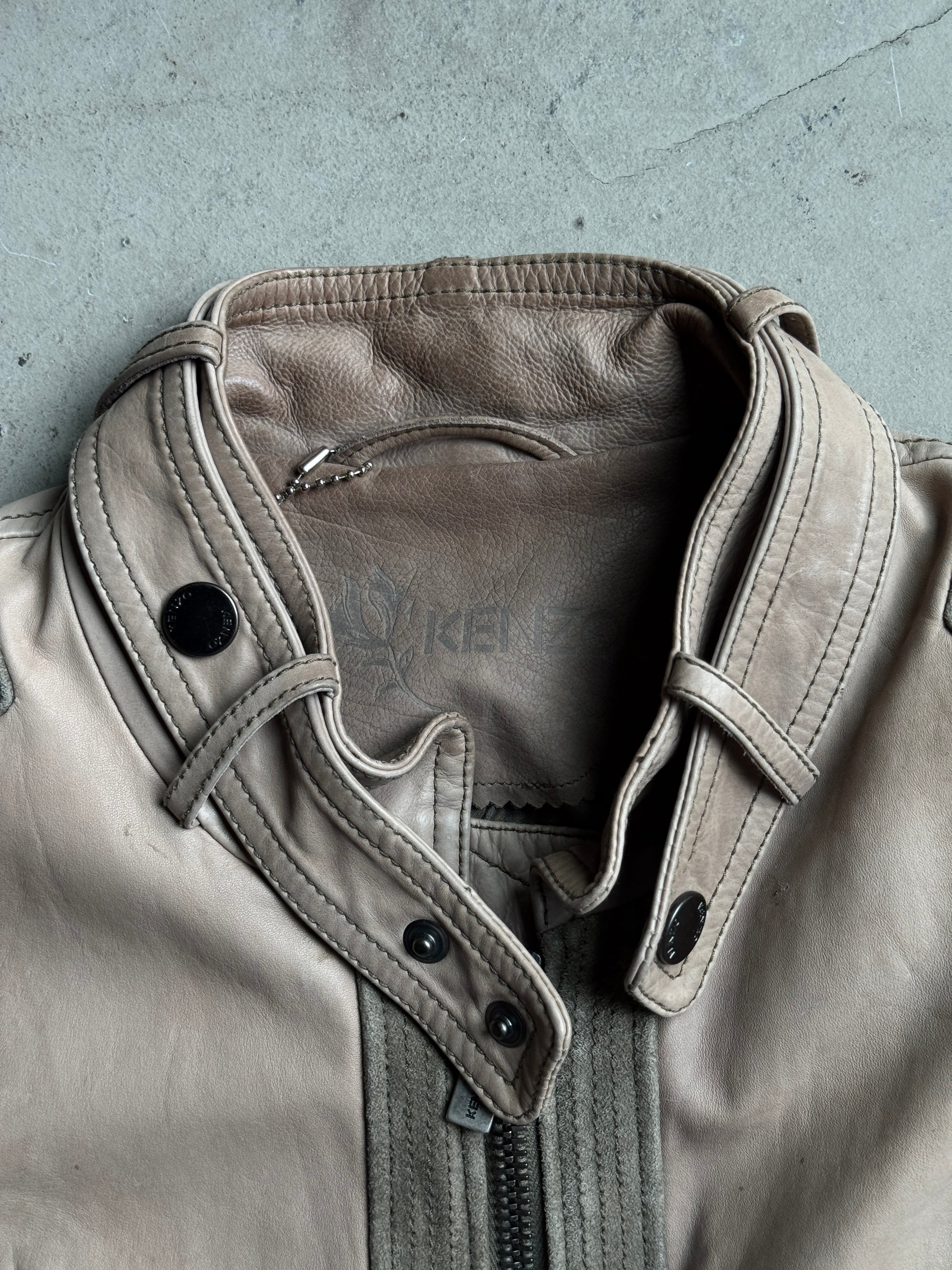 Vintage Kenzo Leather Biker Jacket Taupe / Khaki - L