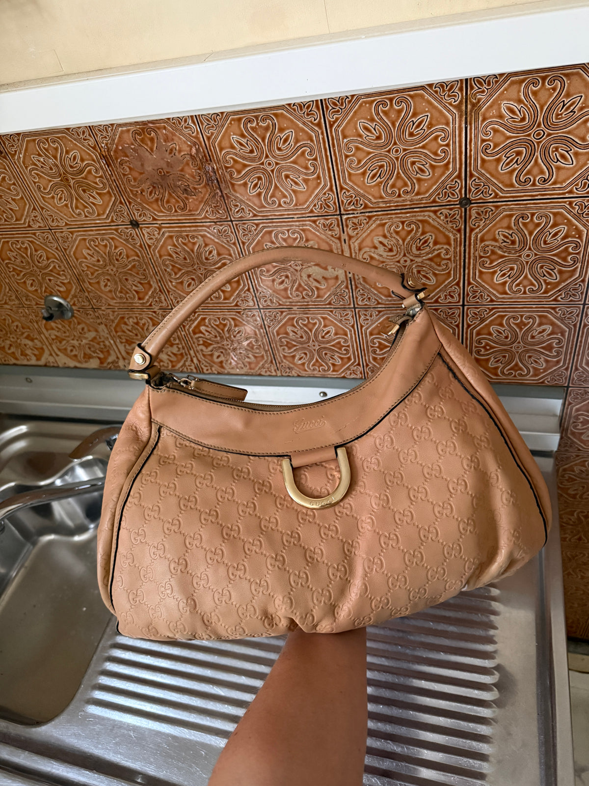 Gucci Guccissima Large Abbey D-Ring Tan Shoulder Bag