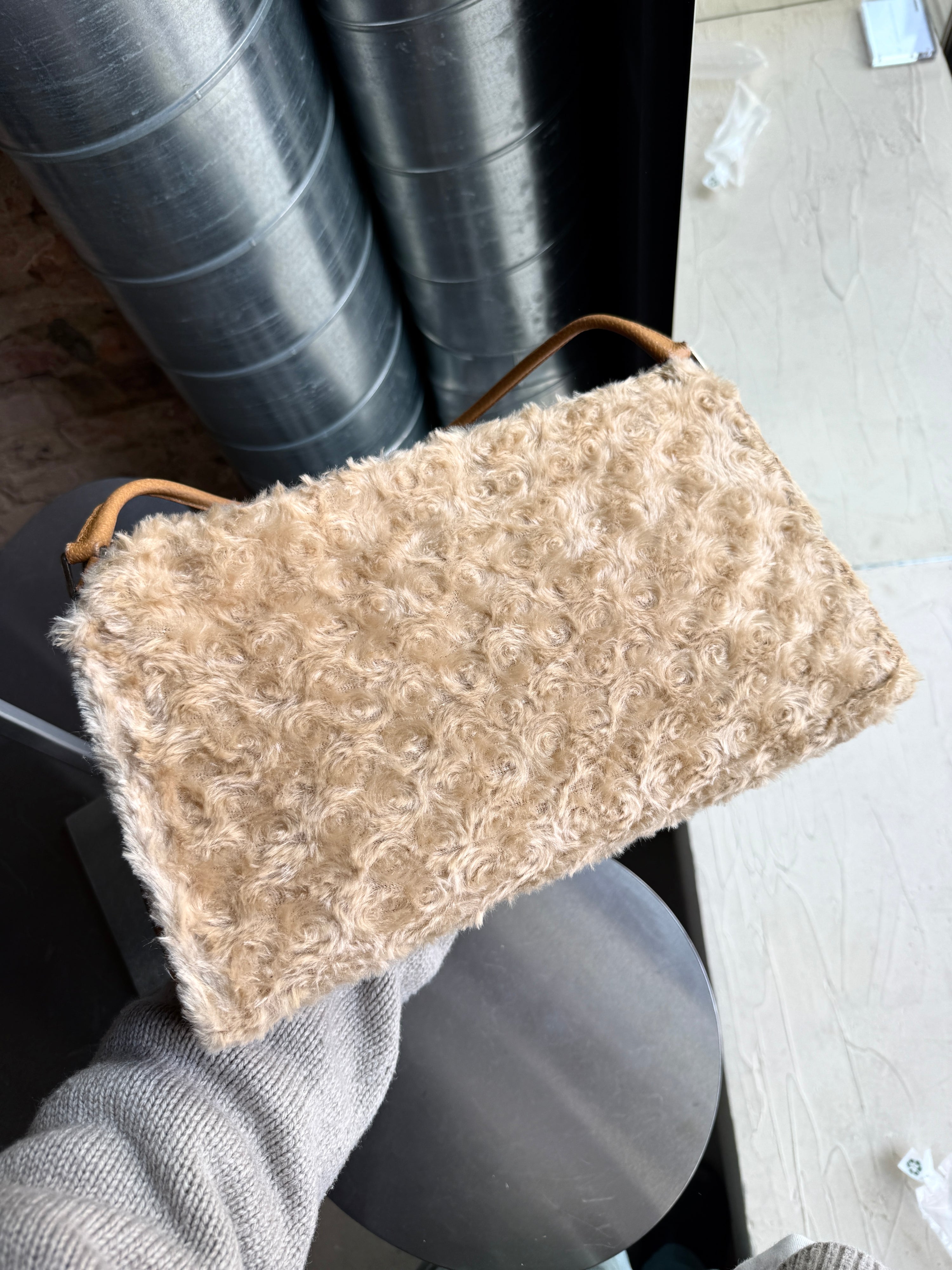 Vintage 2000s Prada Faux Fur Shearling Leather Shoulder Bag Beige