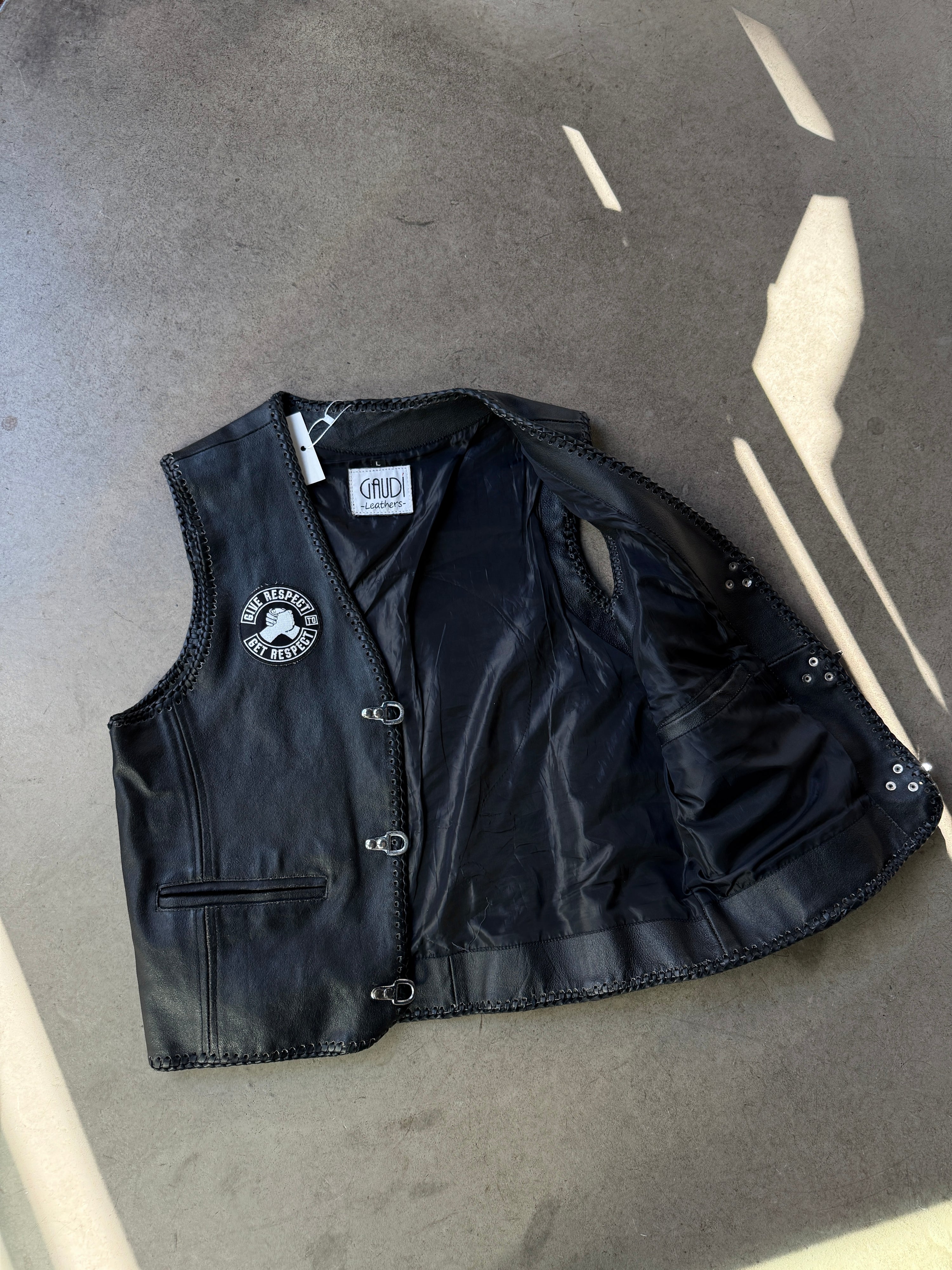 Vintage Gaudi Leather Biker Vest Black  - L
