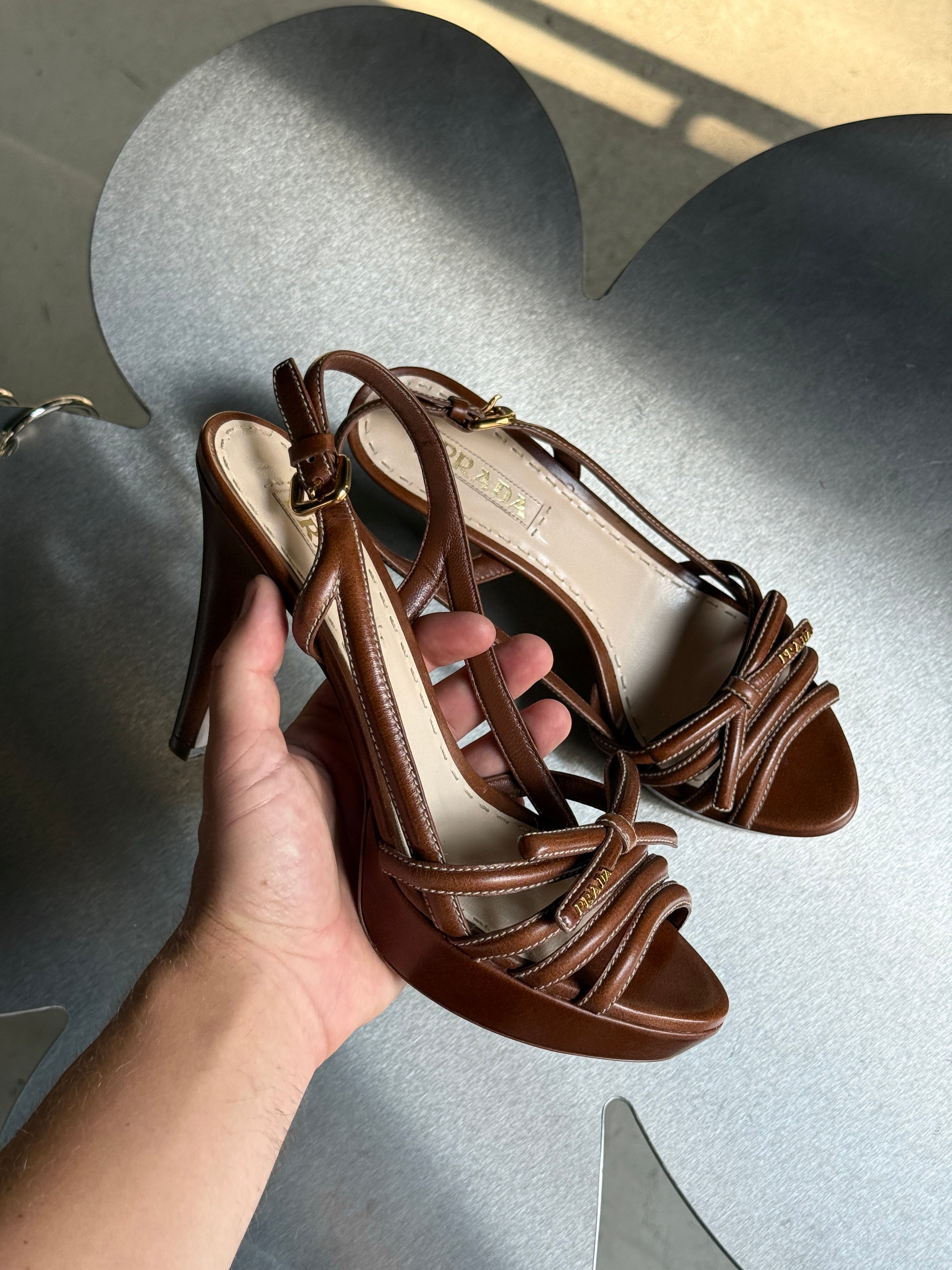 Prada Slingback Bow Leather Heels Brown (with box) - EU 40
