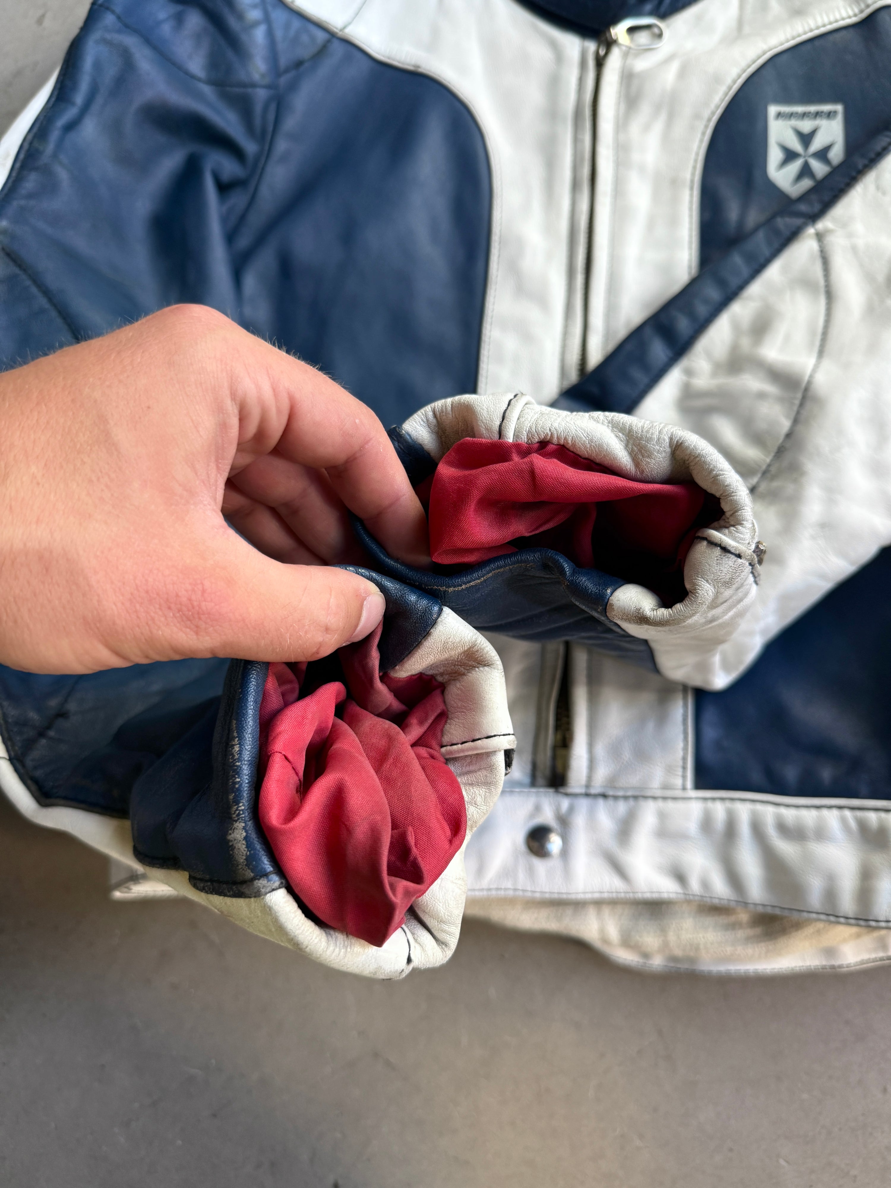 Vintage 1970s Harro Racing Biker Leather Jacket White / Navy - XS