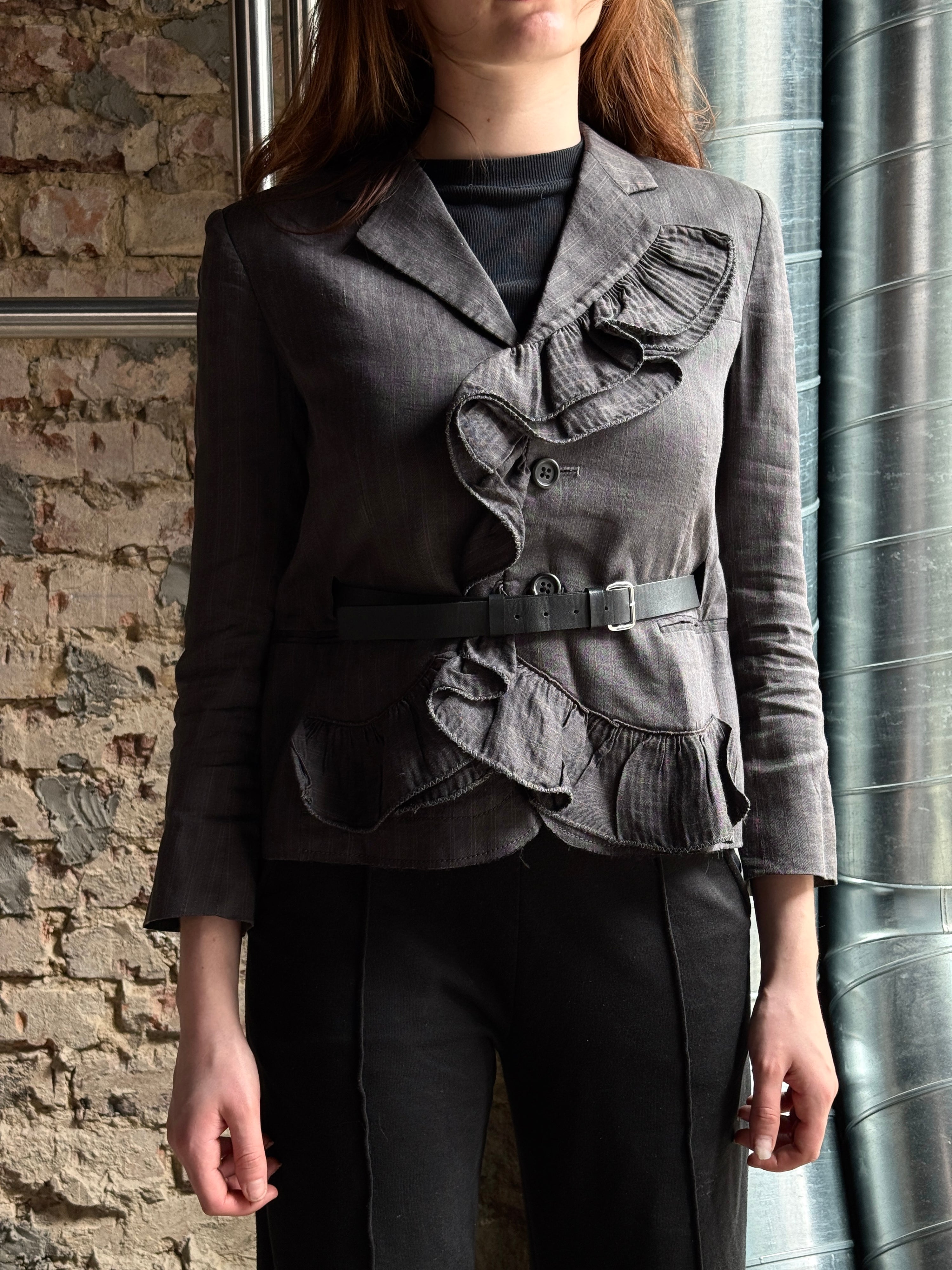 Vintage 2000s Marc Jacobs Pinstripe Ruffle Cropped Blazer